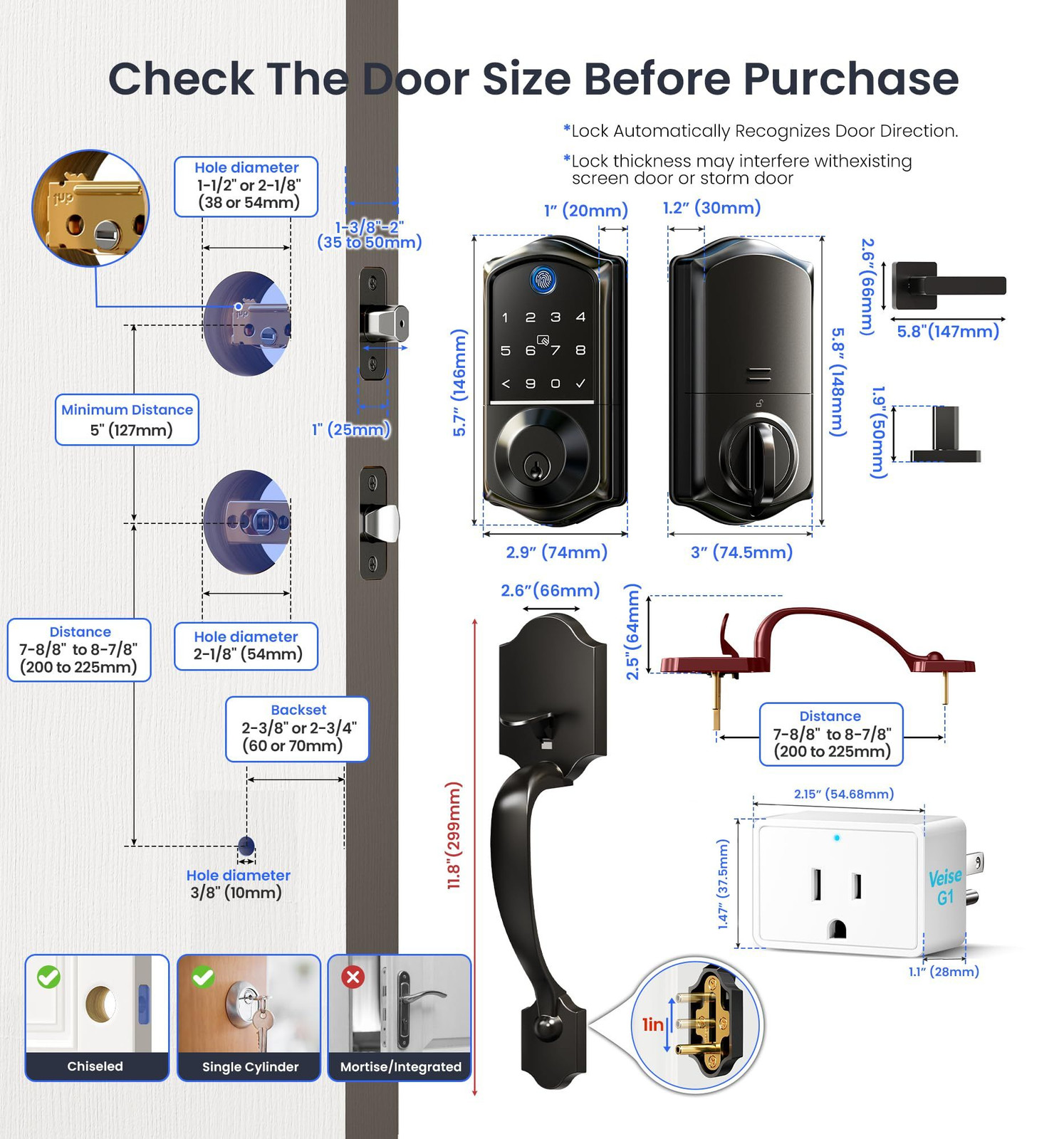 Veise VE017G-H Wi-Fi Smart Fingerprint Front Door Lock Set, Matte Black
