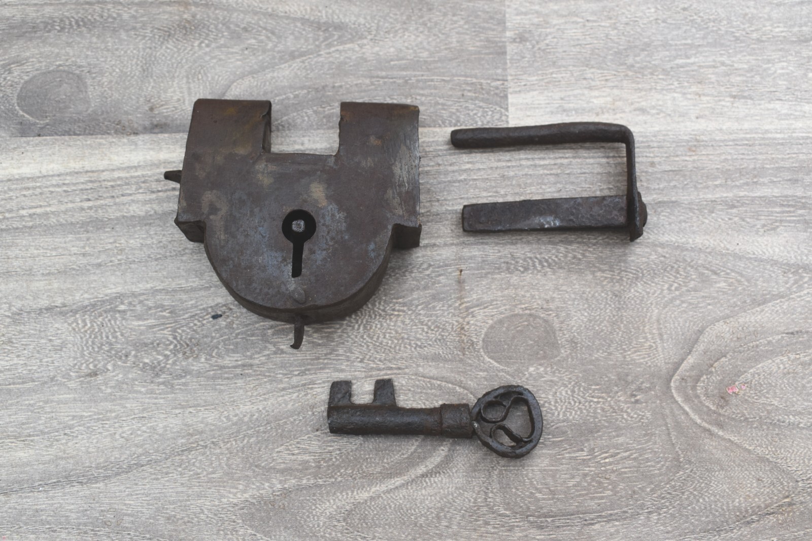 Used Old Handmade Collectible Iron Pad Lock with Key Home Decor Iron Stripe Lock