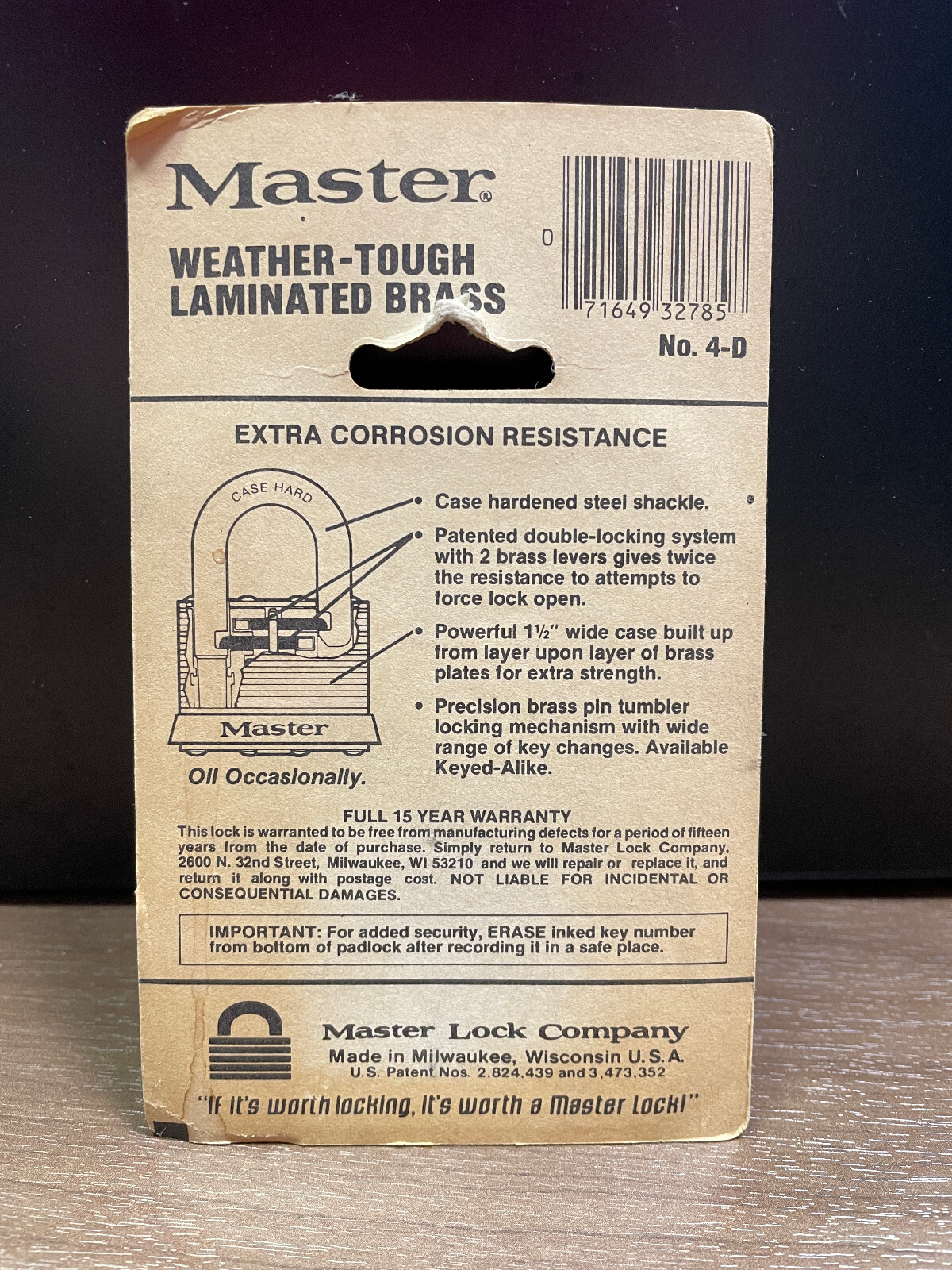 NOS….Master Lock #4-D padlock, laminated brass, 2 keys