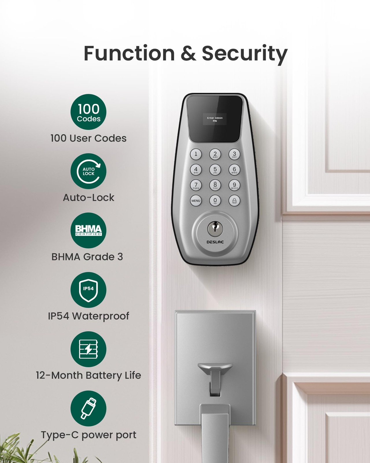 DESLOC C100 Keypad Door Lock Keyless Entry Smart Deadbolt Silver 100 Codes