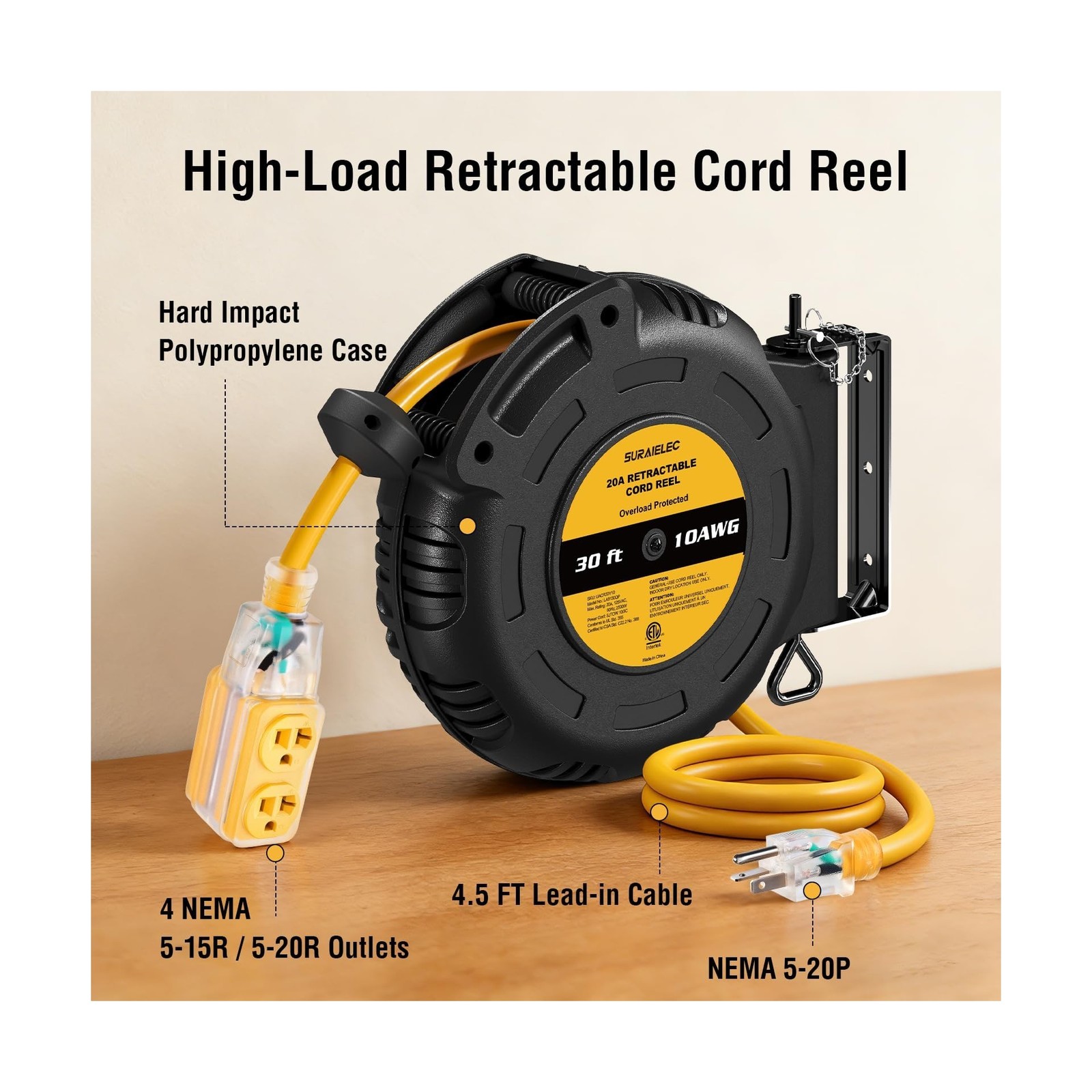 SURAIELEC Retractable Extension Cord Reel, 30FT 10AWG/3C SJTOW Heavy Duty Pow…