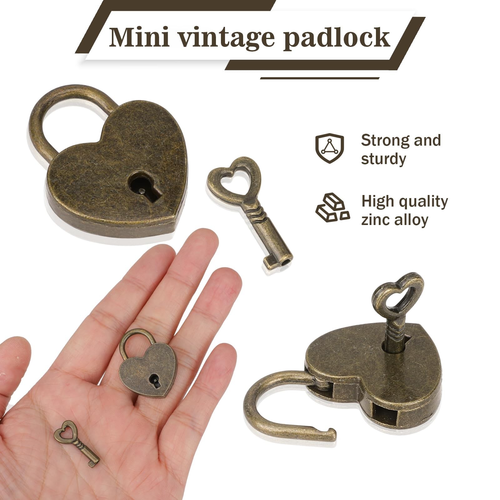 2 Pack Mini Bronze Antique Heart Shaped Padlock with Key, Small Vintage Loc