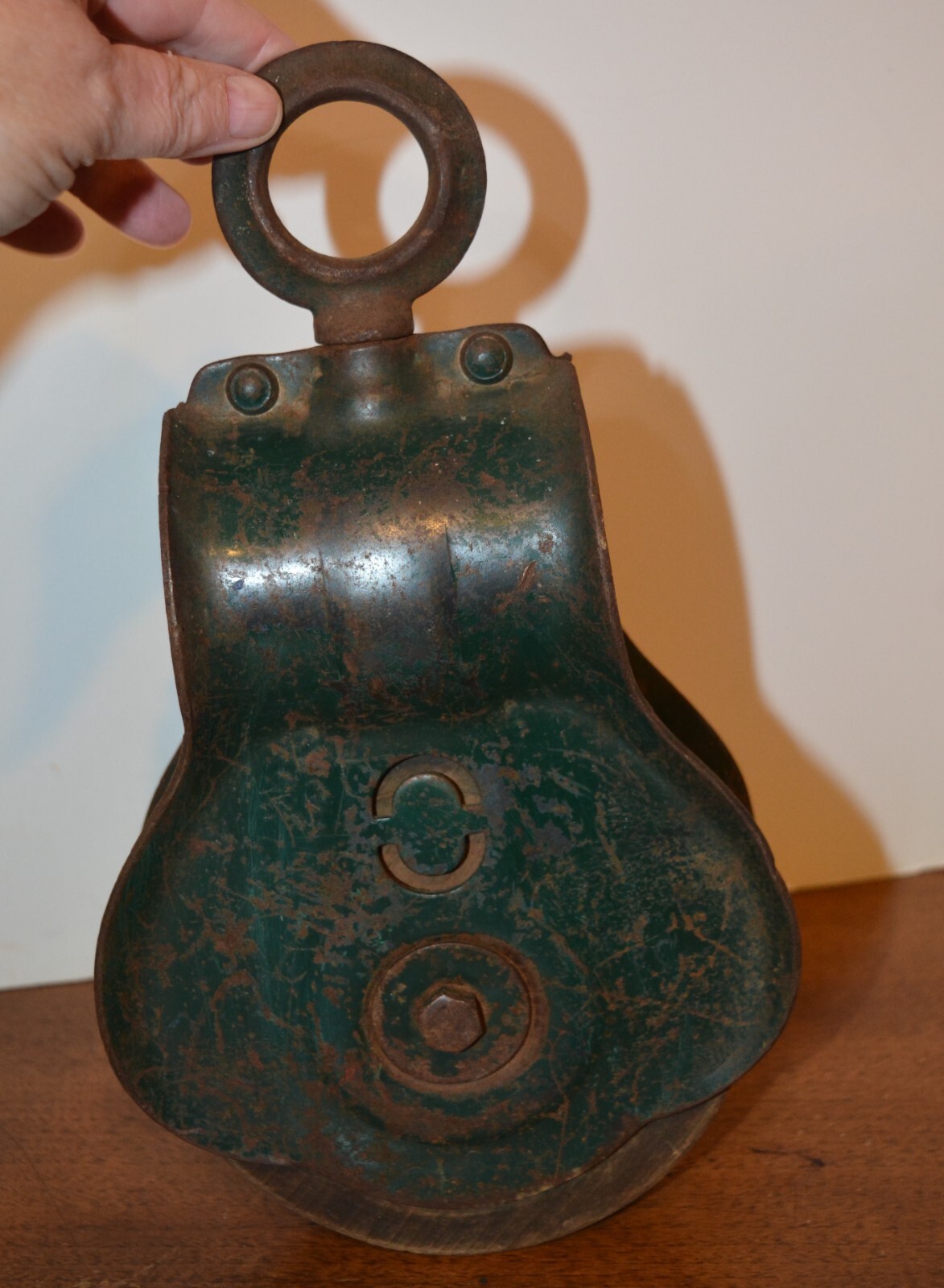 Antique Olson Metal and Wood Large Pulley Farm Industrial