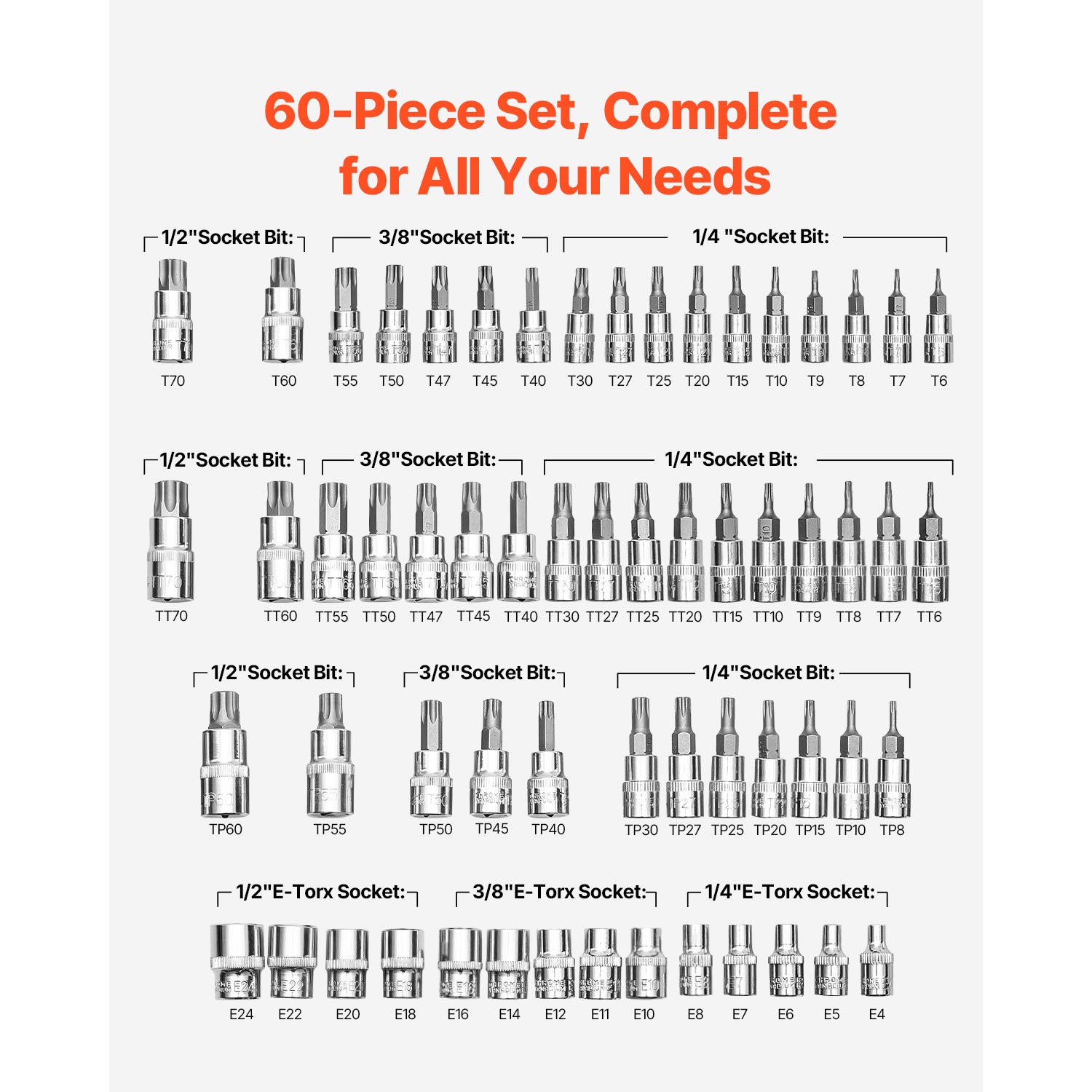 Bit Socket and External Torx Socket Set S2 Alloy Steel and Cr-V Steel Hand Use