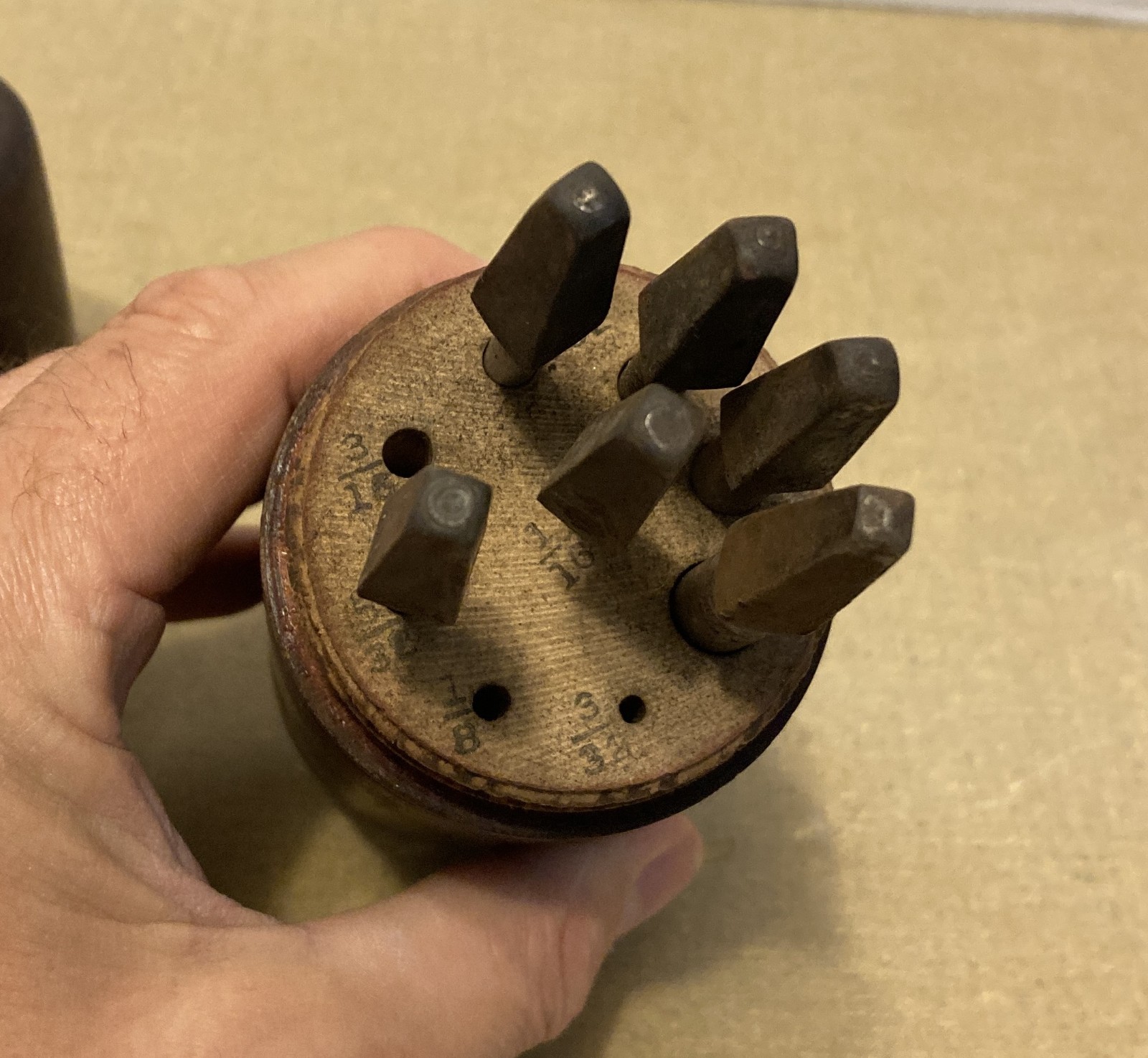 Antique Cleveland Twist Drill Co. #13 Round Wooden Drill Index with 6 Brace Bits