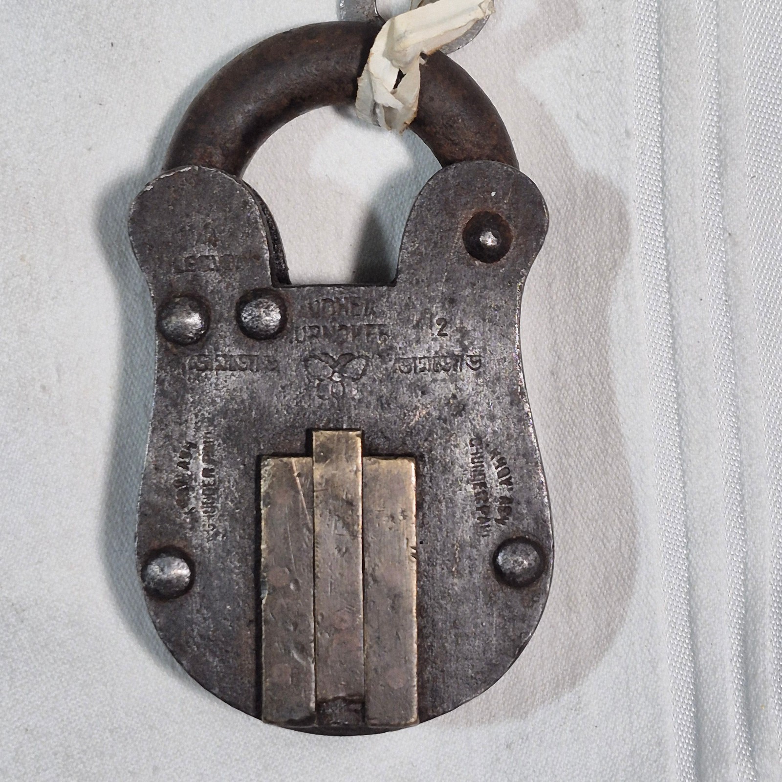 VTG CAST IRON LARGE PADLOCK WITH MULTIPLE MARKS