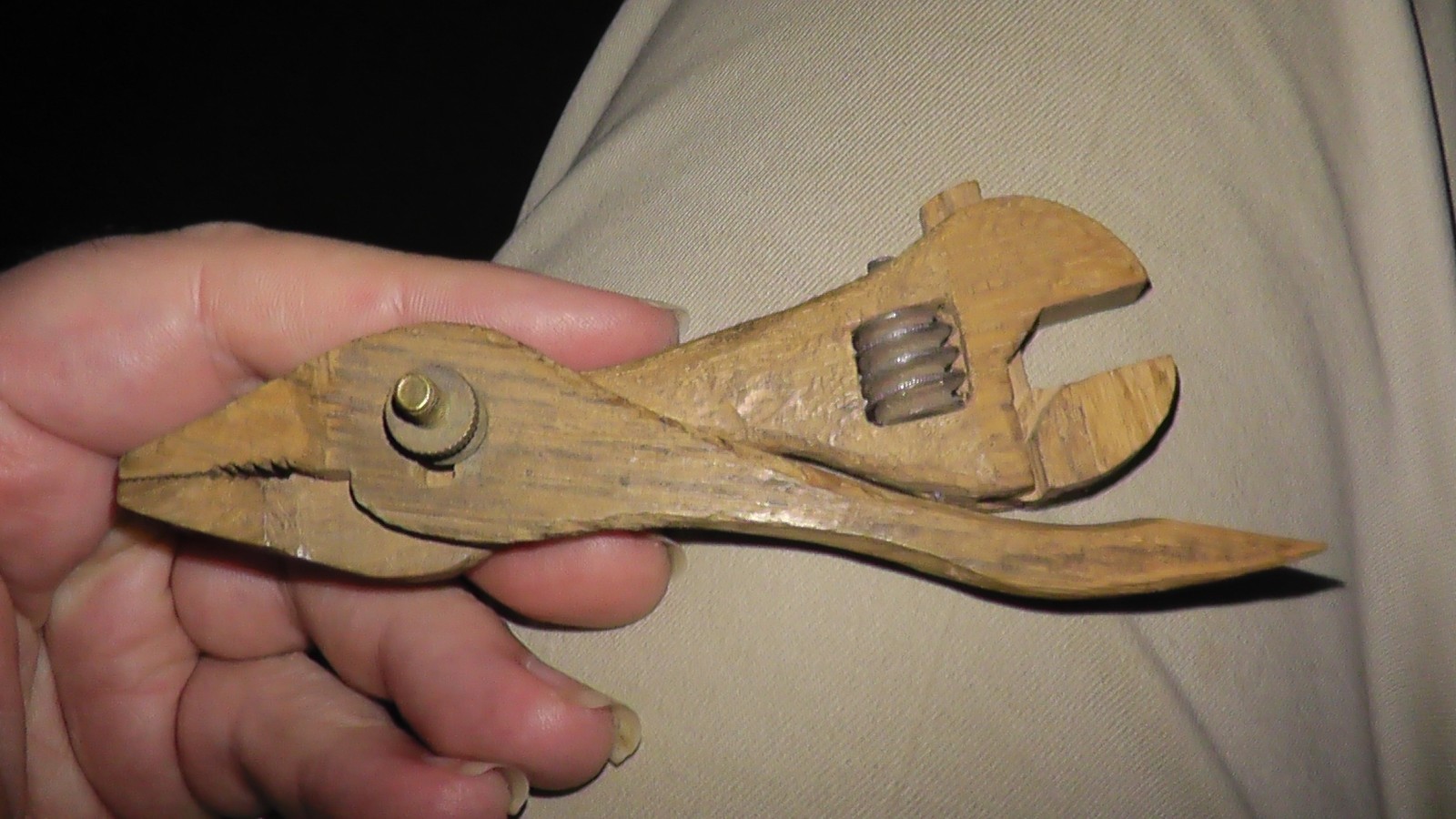 handmade oak wooden wood tool adjustable wrench pliers vintage antique folk art