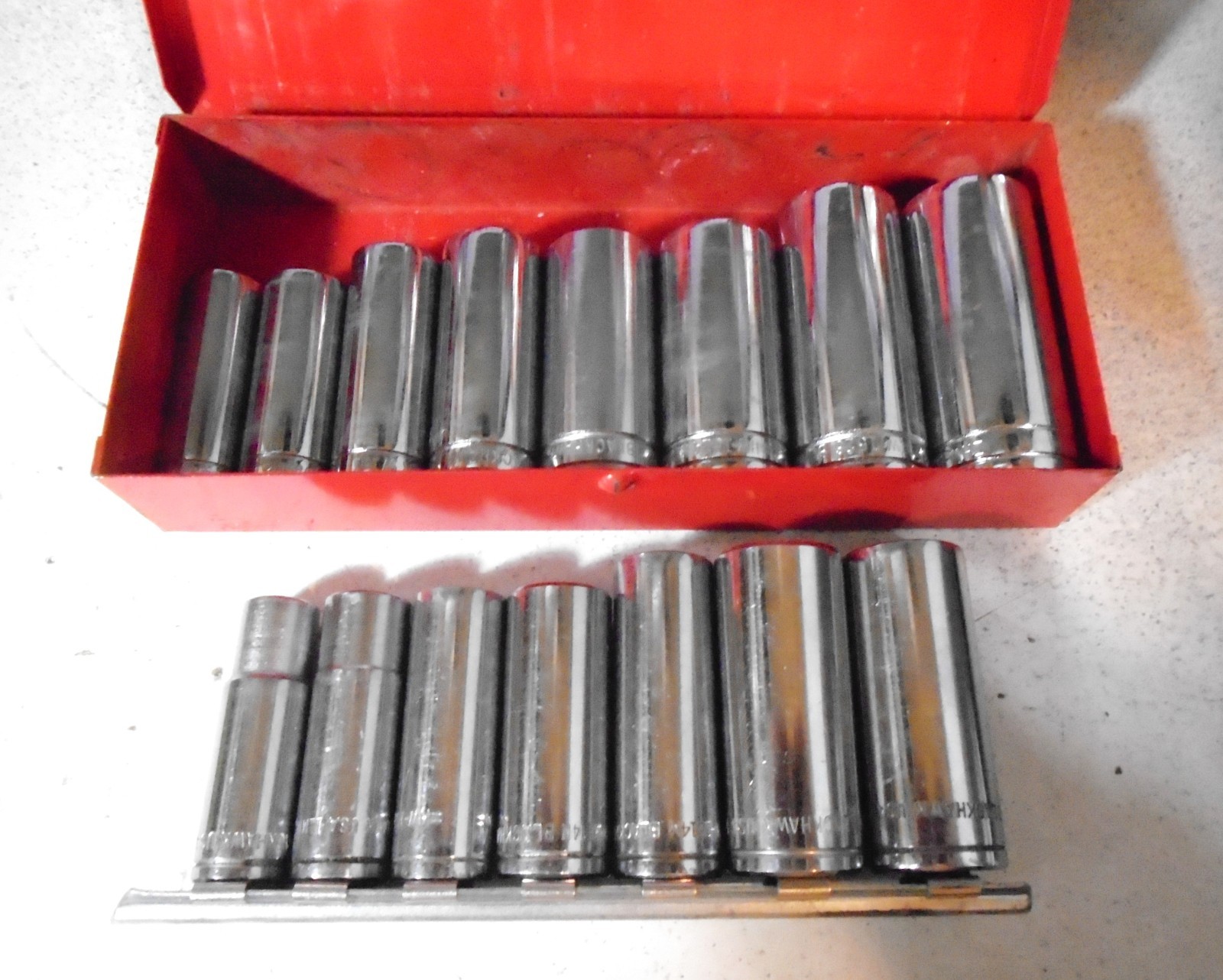 Vintage Blackhawk Tools 3/8″ dr. Metric S.A.E. Deep Socket Set w/Metal Box USA