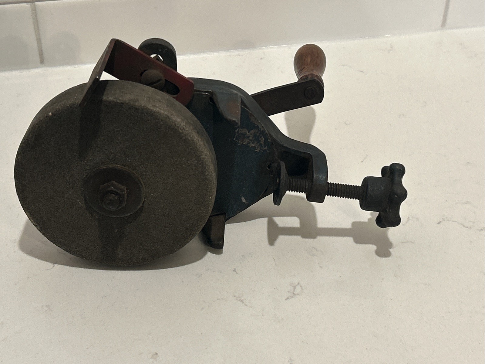 Vintage Stand-By Hand Crank Bench Grinder Clamp-On Sharpening Stone Cast Iron