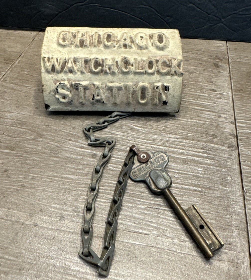 Antique Chicago Watchclock Station Cast Iron Key Lock Box Rustic Painted Finish