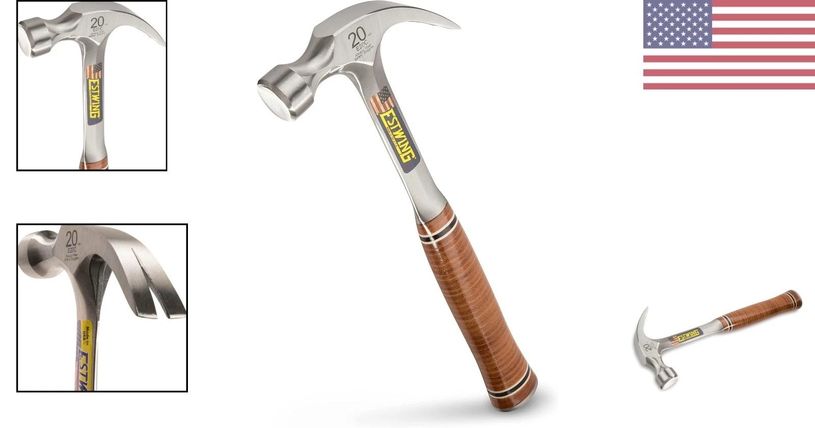 20 oz Alloy Steel Curved Claw Hammer with Genuine Leather Grip – Made in USA