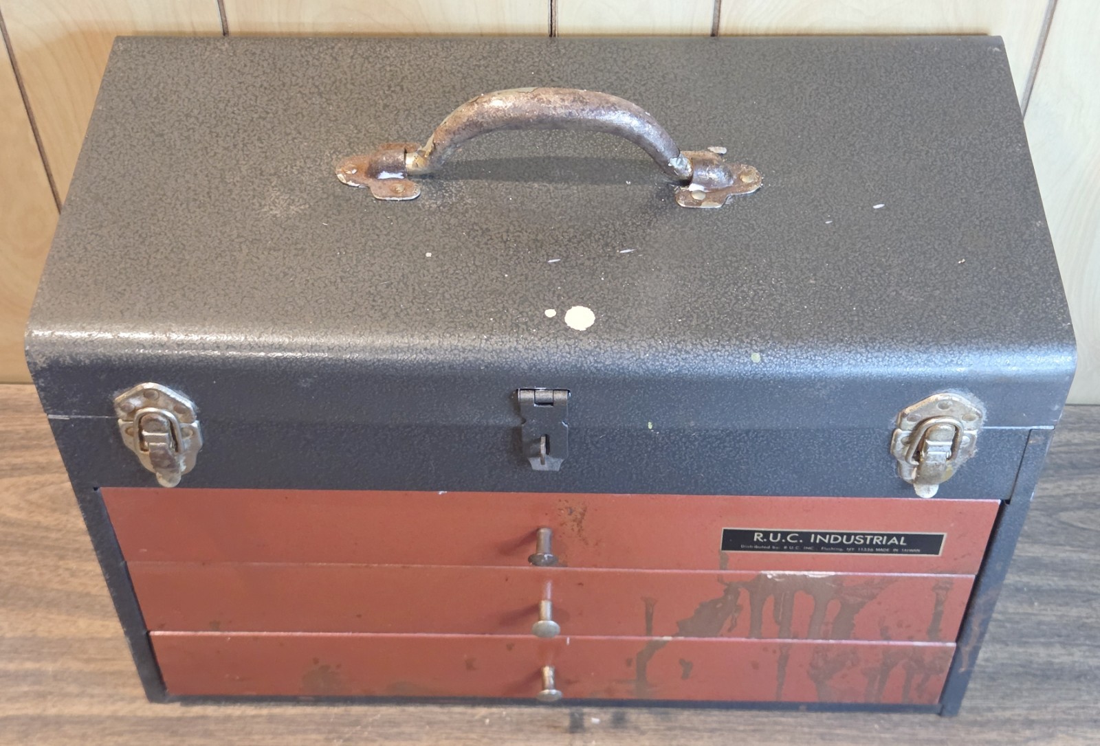 Vintage R.U.C Industrial Metal Tool Box Chest 3 Drawer Steel Taiwan 19x9x14