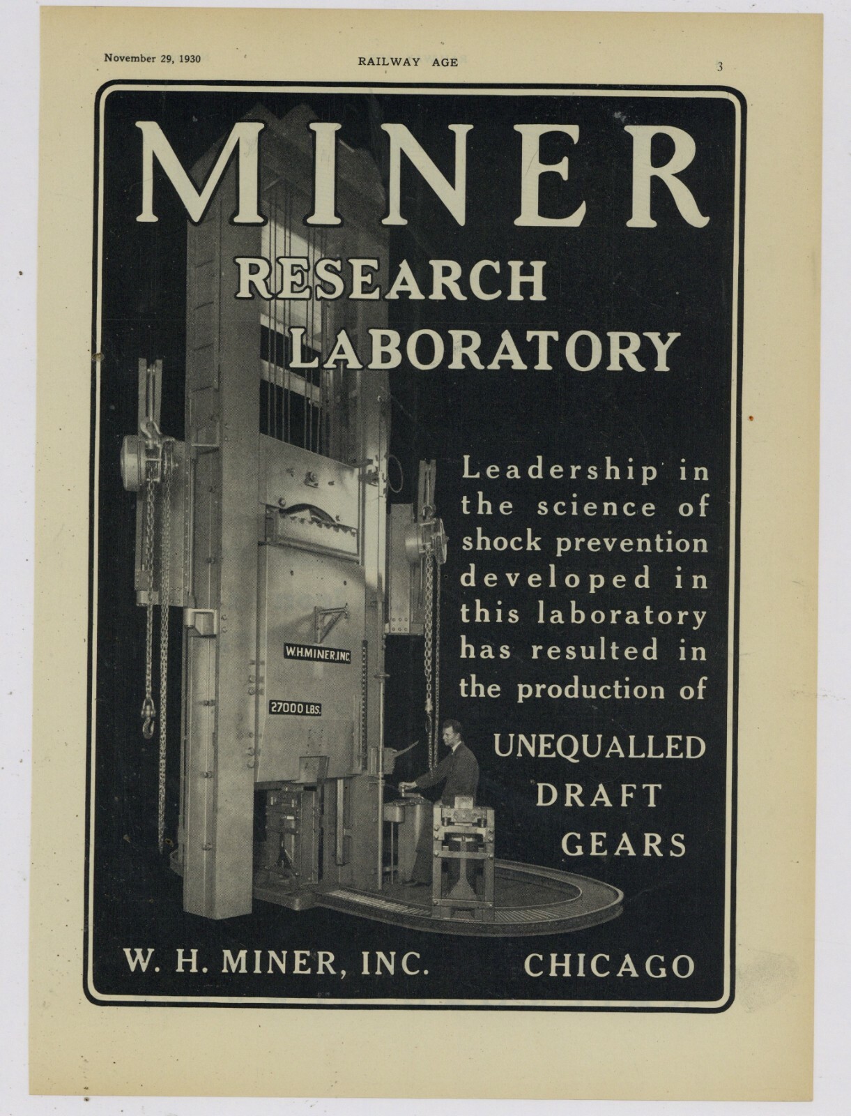 1930 W.H. Miner Co. Ad: Miner Research Laboratory – 27000 Pound Press – Chicago