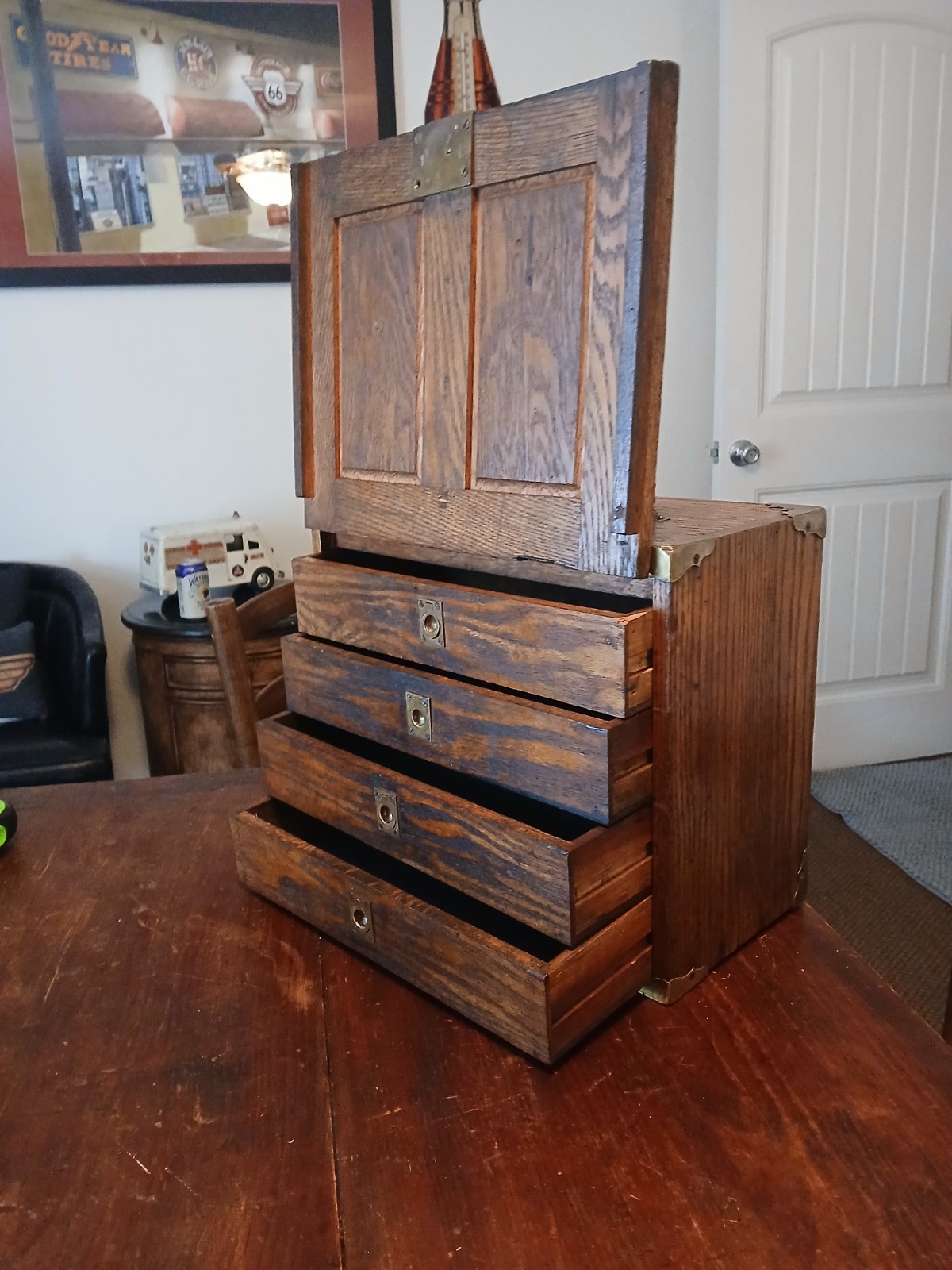 Antique 1/4 Sawn Tiger Oak Machinist Toolbox- Chest 4 Drawers – 14.5″x12.25