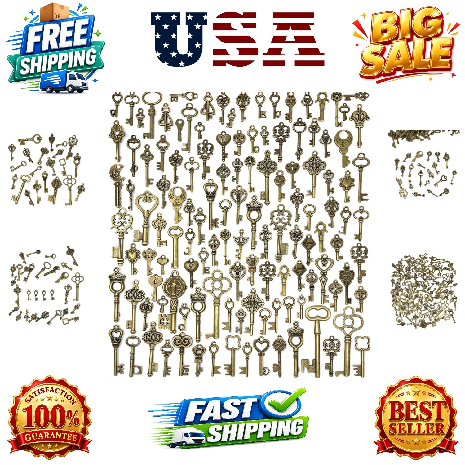 125 PCS Vintage Skeleton Key Set Charms, Mixed Antique Style Bronze Brass for…