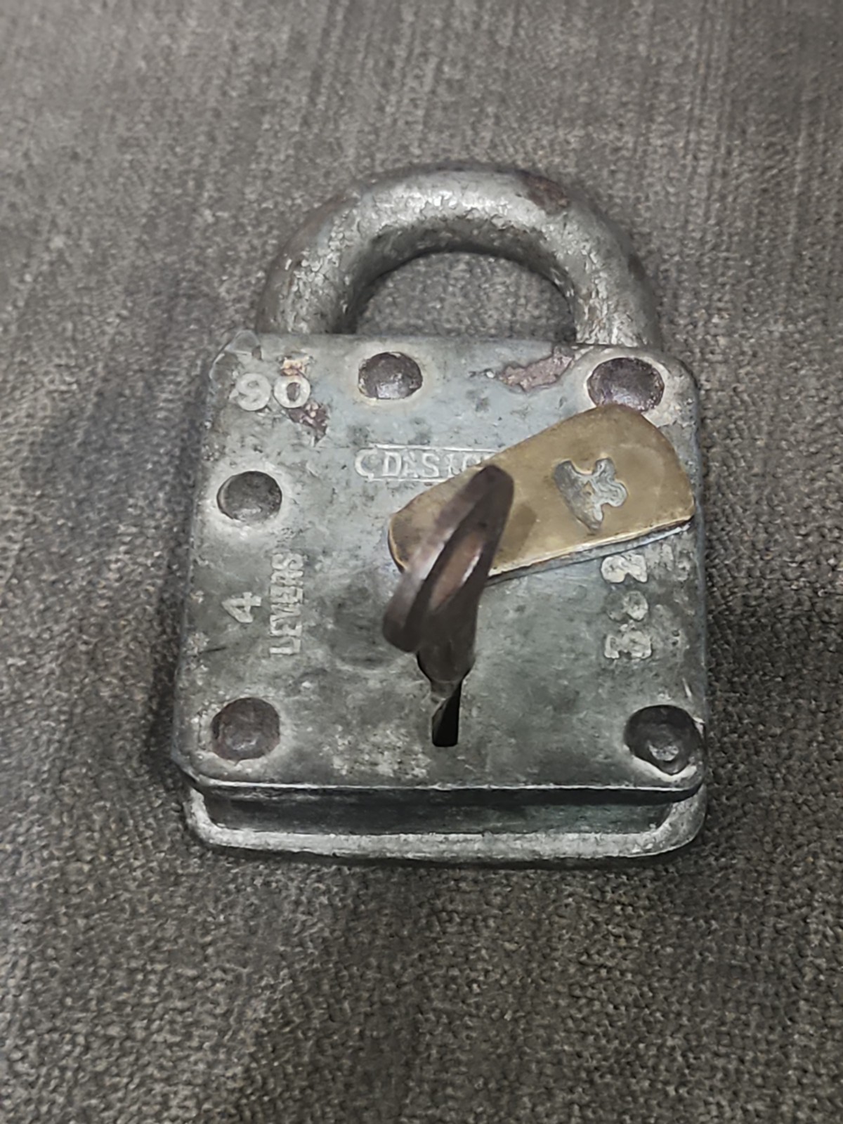 Antique Steel Padlock • Original Key Included • Brass Sliding Dust Cover