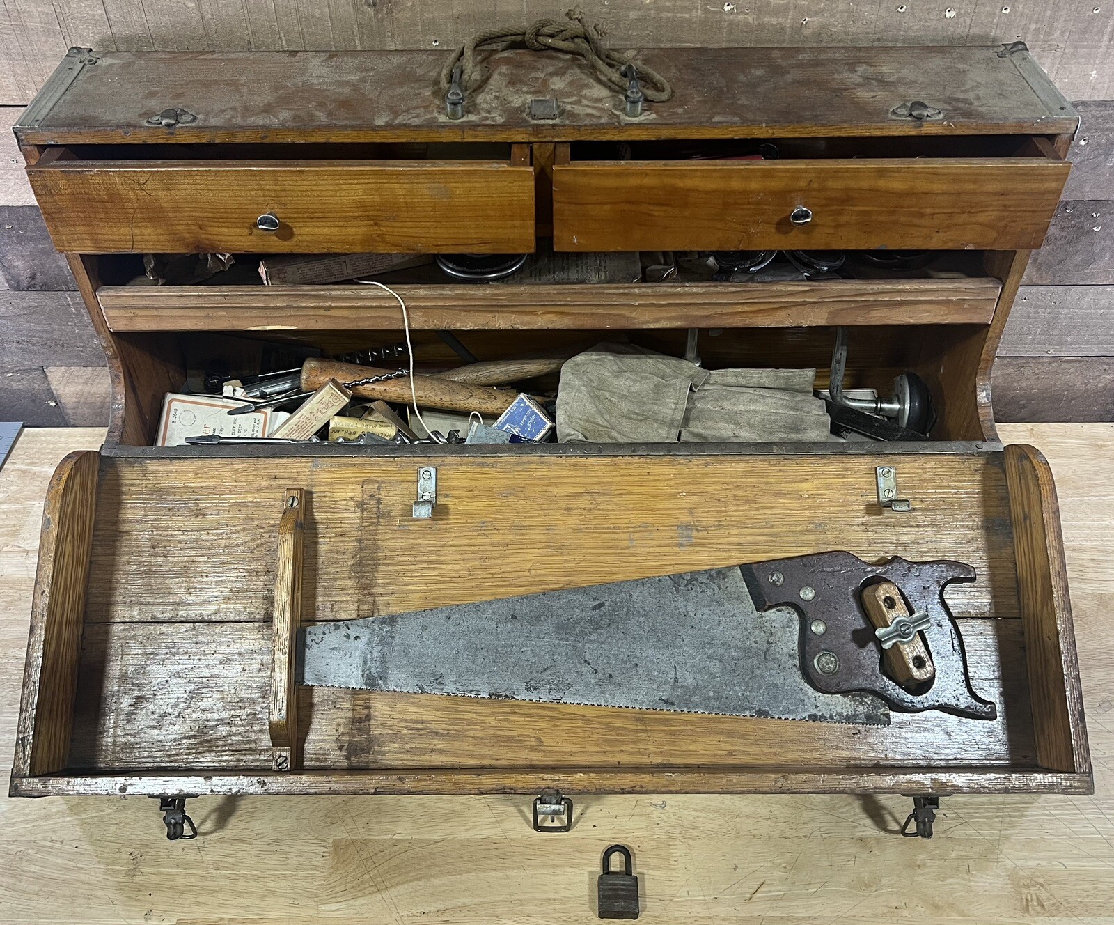 Vintage Large Wooden Carpenters Tool Box With Metal Detailing & Carpenters Tools
