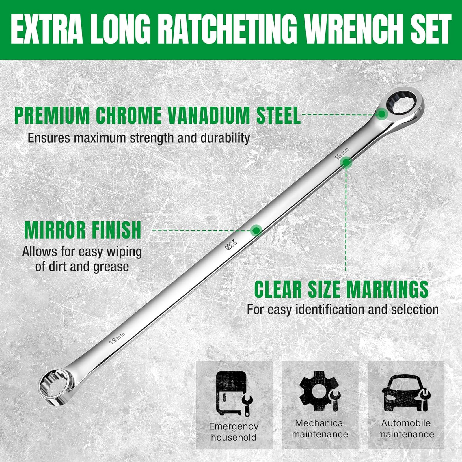 Extra Long Ratcheting Wrench Set, Double Box End Wrench Set, 12-Piece, Metric, 8