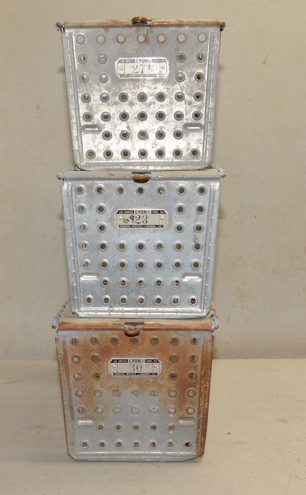3 Androck Lyon industrial wire basket bin gym locker collectible storage lot
