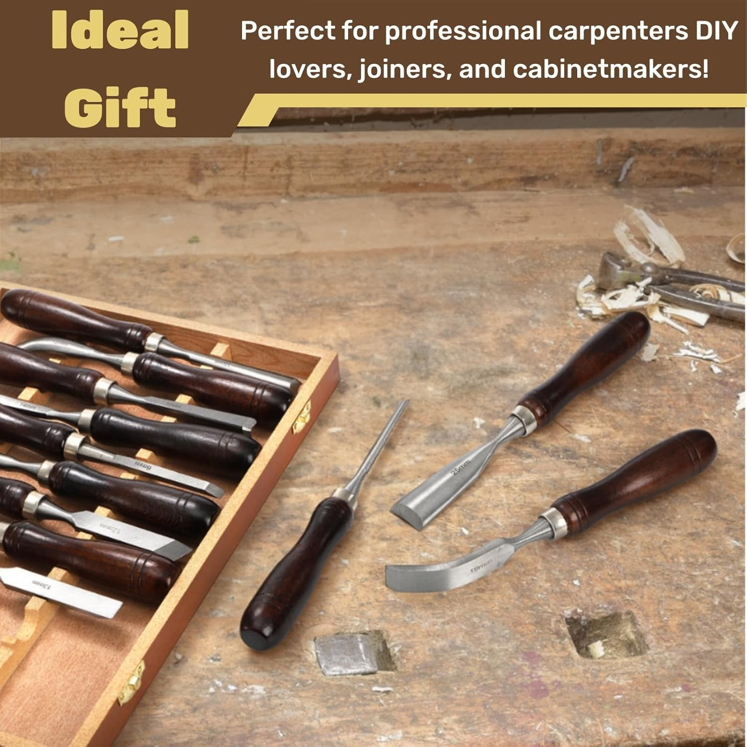 12 Pieces Wood Chisel Set, Woodworking Carving Tools with Wooden Box, CR-V Steel