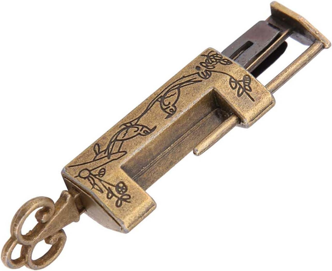 Antique Chinese Lock and Key, Flower Bird Carved Retro Padlock Old Vintage Lock