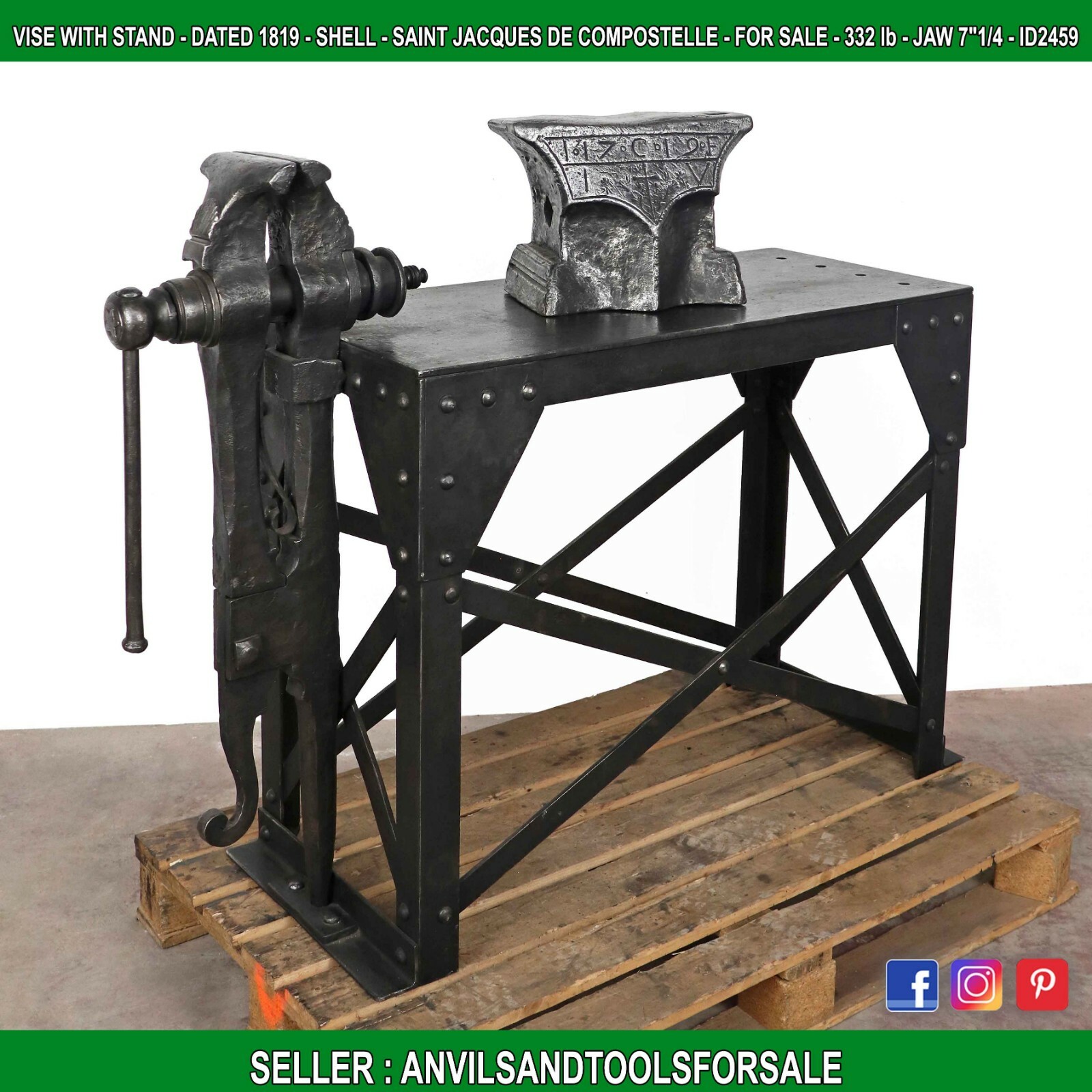 Vise with table but without anvil – Dated 1819 – 332 lb Jaw 7’1/4 – ID 2459