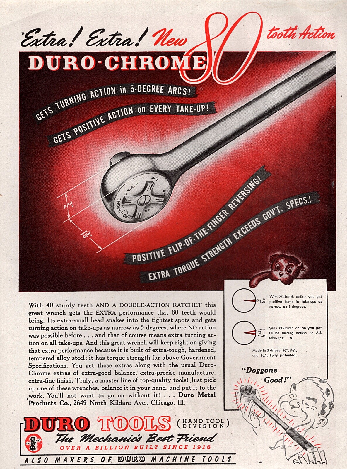 1946 Duro Chrome Ratchet Hand Tool Original Color Print Ad