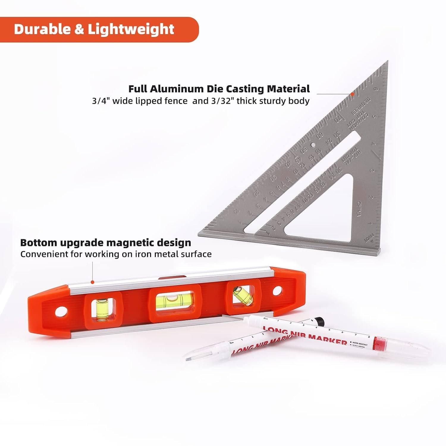 Lightweight Aluminum Torpedo Level & Rafter Square – Key Tool for Carpenters