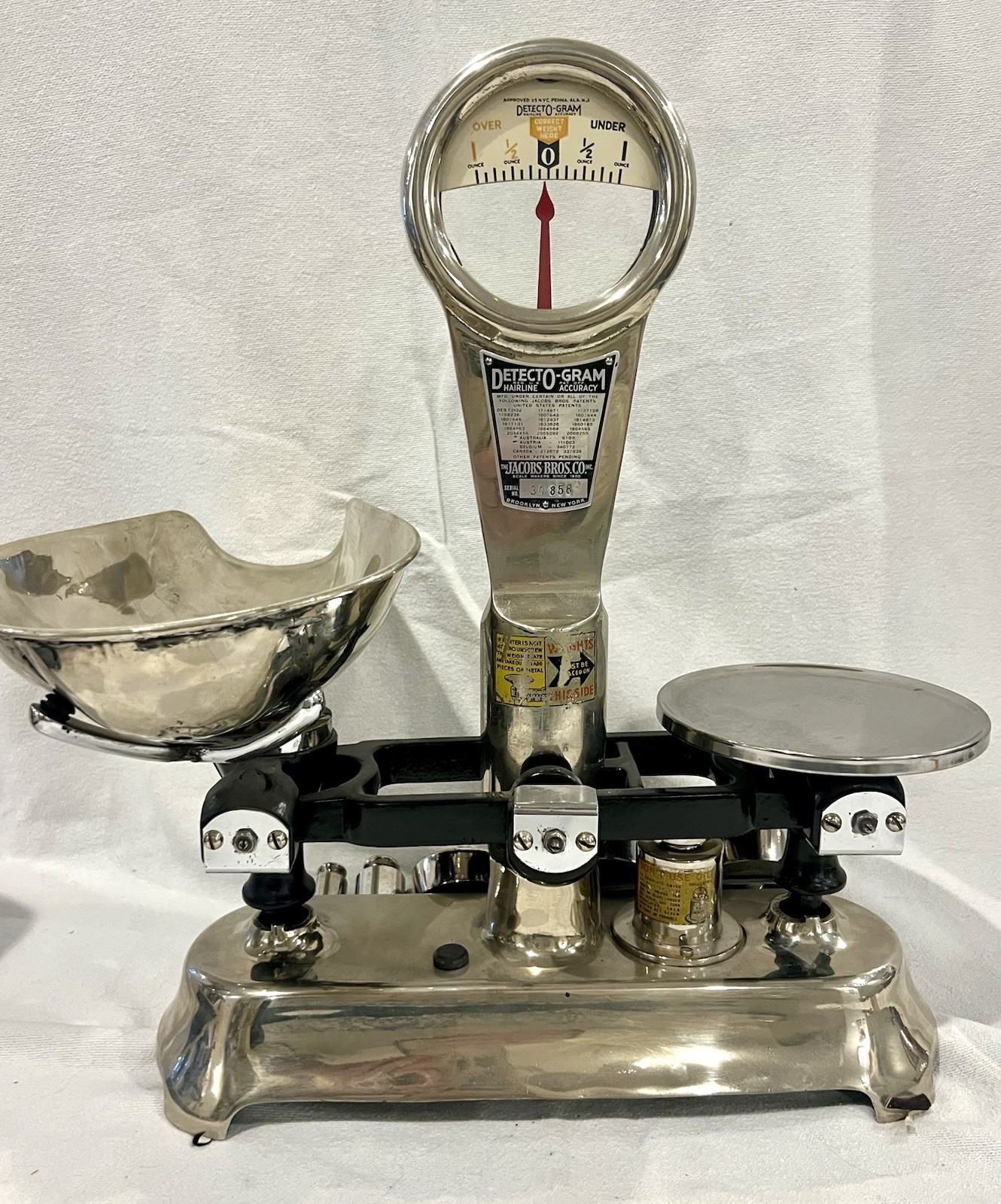 1940s JACOBS DETECTO-GRAM CANDY SCALE 1 Ounce Balancing Brooklyn NY with Weights