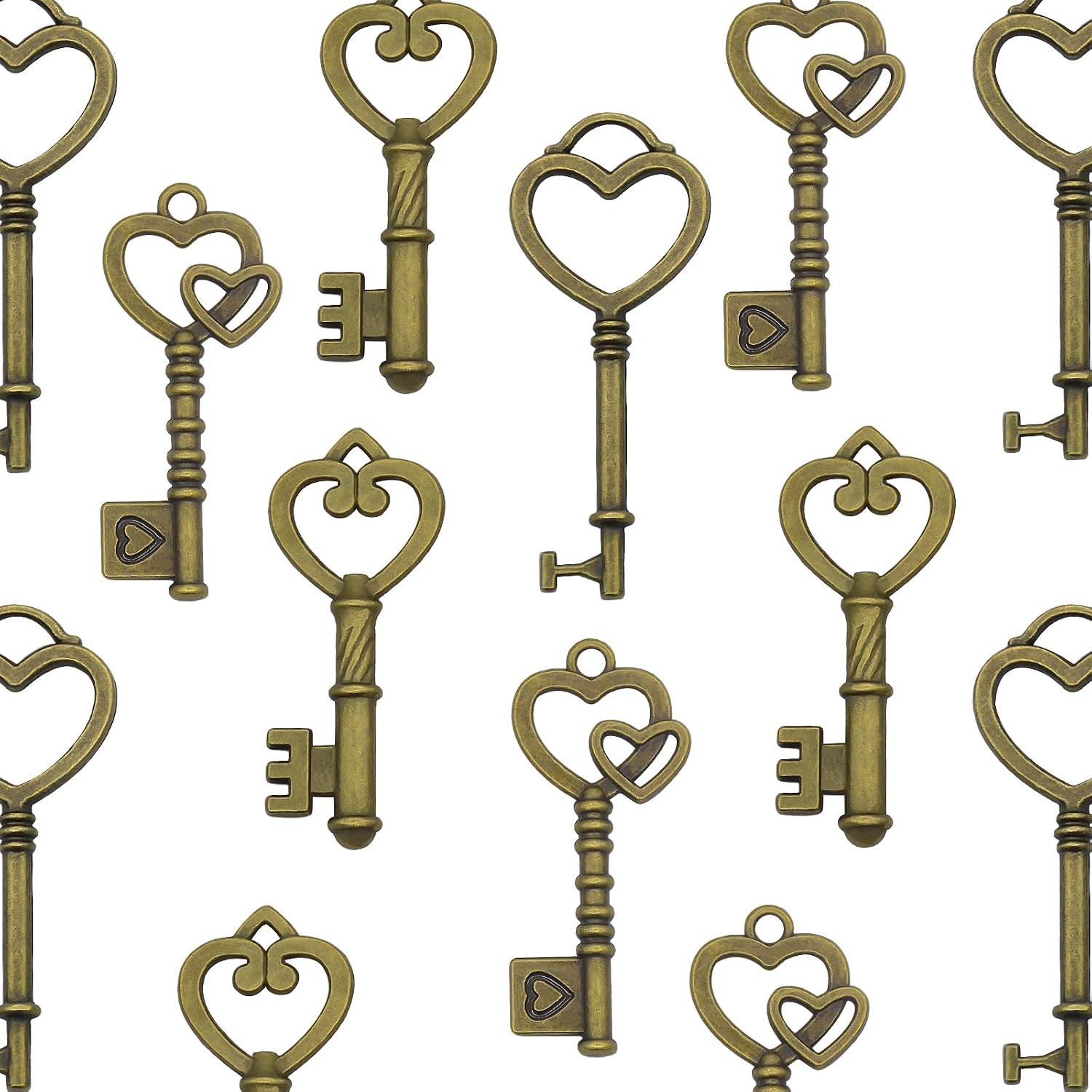 30Pcs Vintage Heart Shaped Key Charms for Wedding Favors, Necklace | Mixed Decor