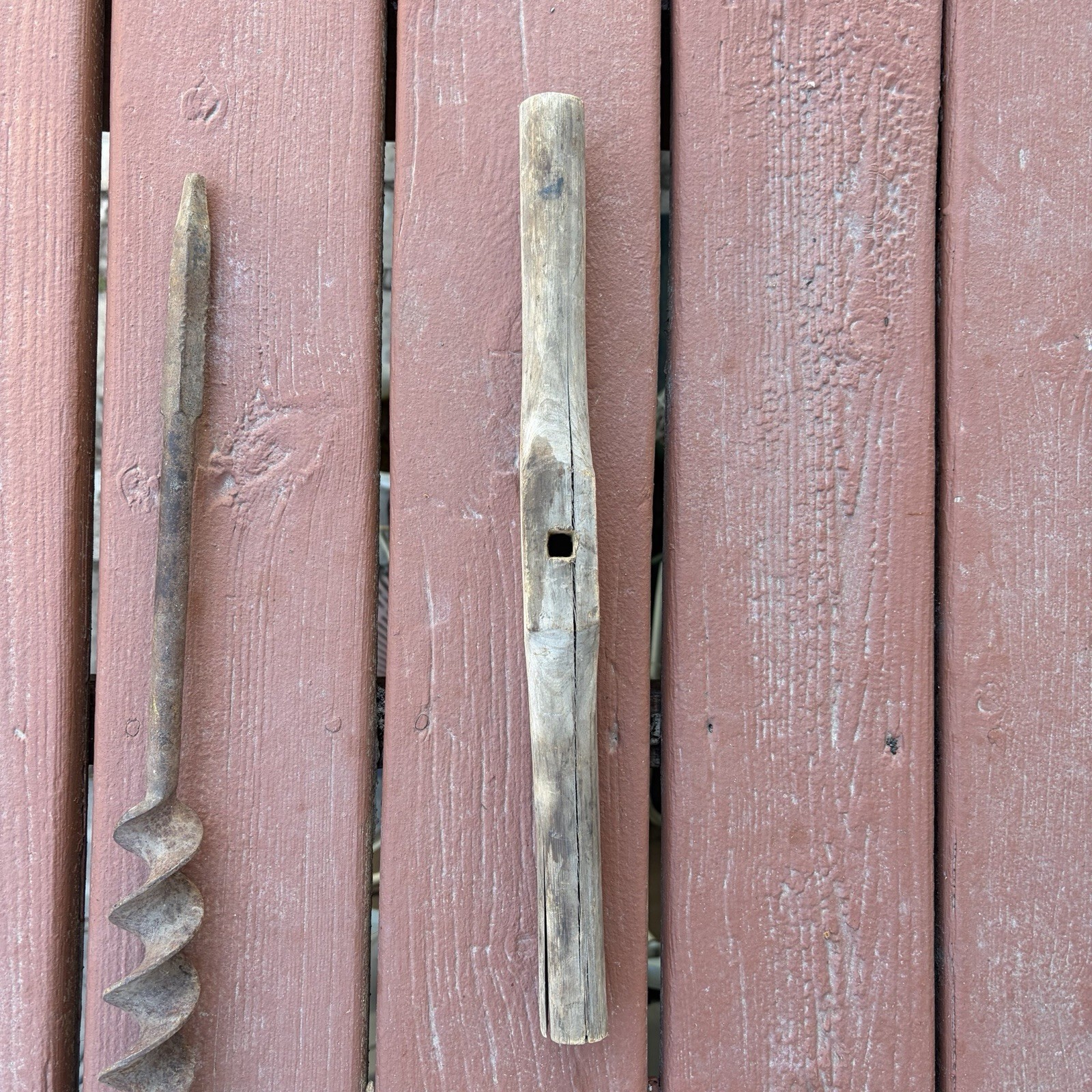 Primitive Antique 19-3/4″ T-Handle 1-5/8″ Bit Wood Auger Farm Tool Marked A.U.C