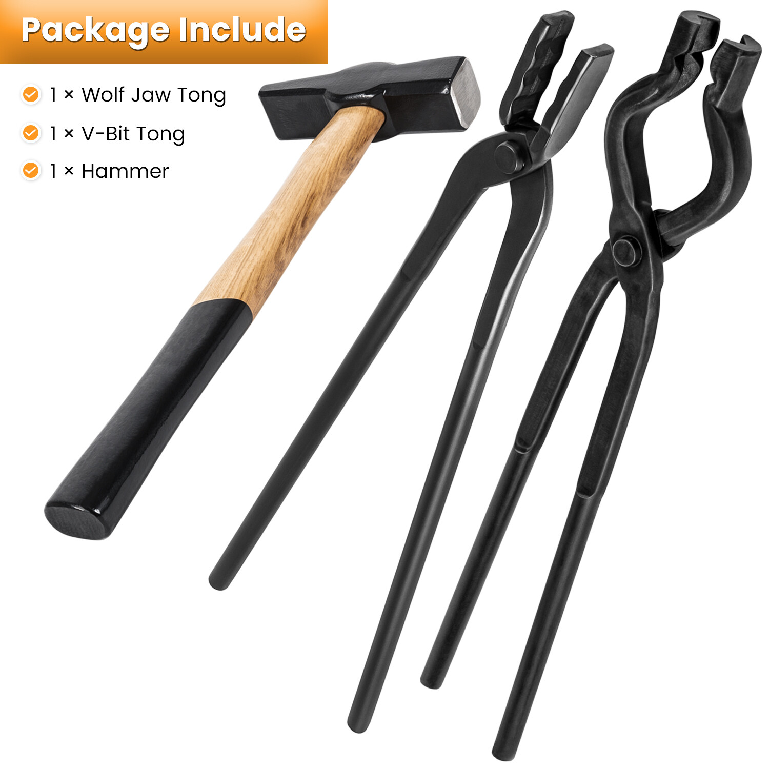 Blacksmith Tong+Hammer Set Knife Making Wolf Jaw V-Bit Tong Vise Forge Tool 3pcs