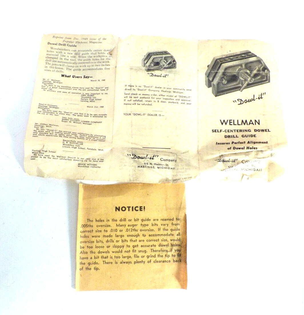 Vintage Original Box “Dowl-It” Wellman Self-Centering Dowel Drill Guide