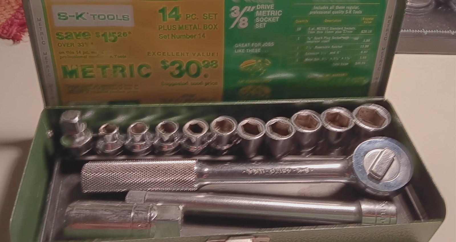 Vintage S-K Tools Socket Set + Cardboard Sleeve Box 14 piece