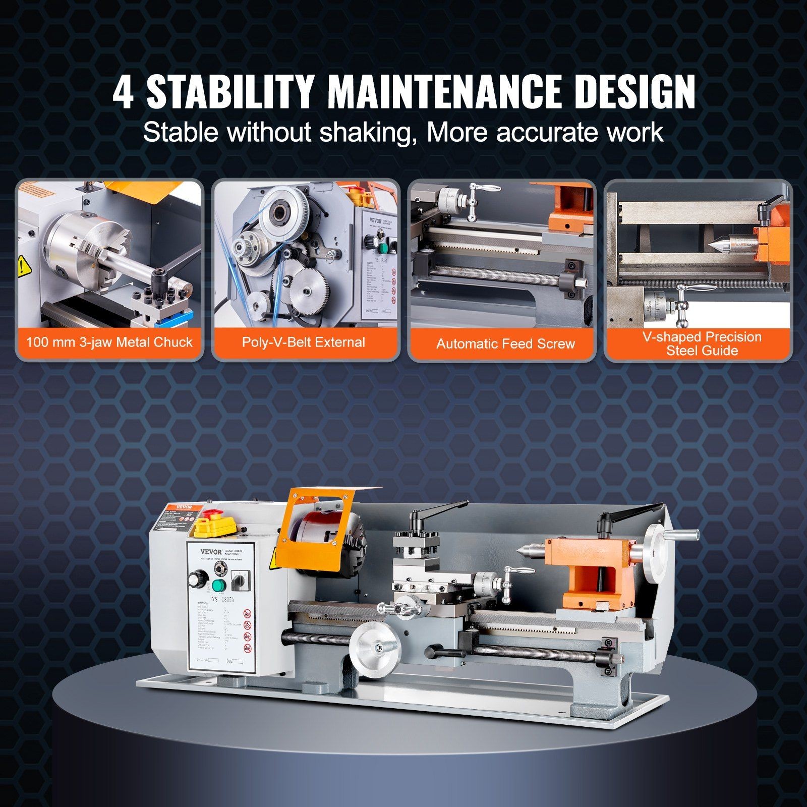 7″x14″ Benchtop Lathe 500W Motor 20mm Spindle Hole CVT Drive