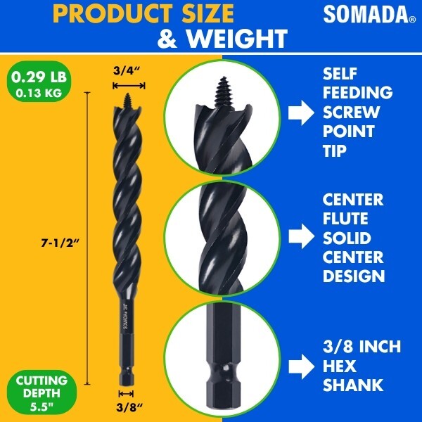 SOMADA 3/4″ x 7-1/2″ x 3/8″ Triple-Cut Black Auger Drill Bit for Wood