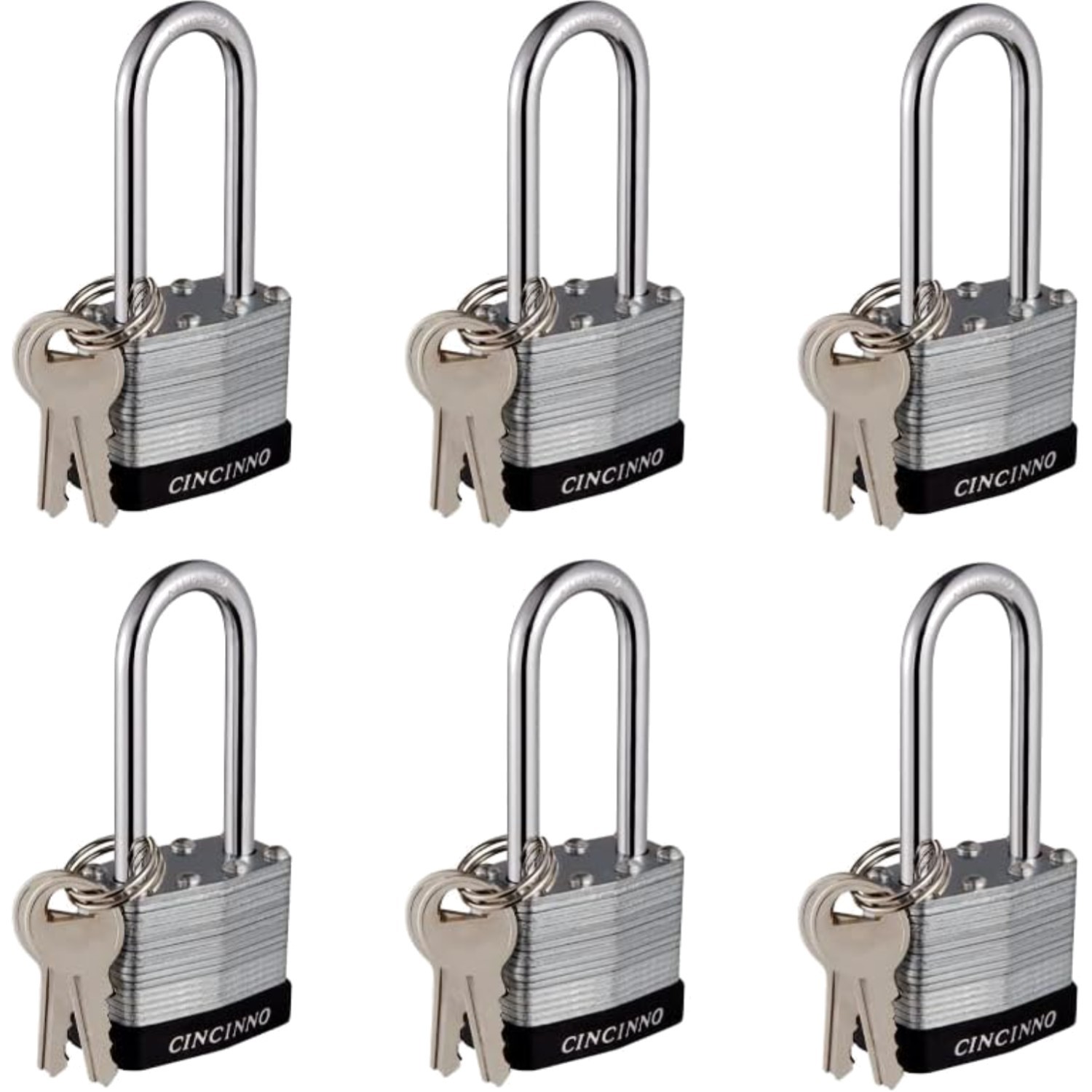 Laminated Steel Padlocks Set: 6 Keyed Alike with Long Shackles for Versatile Use
