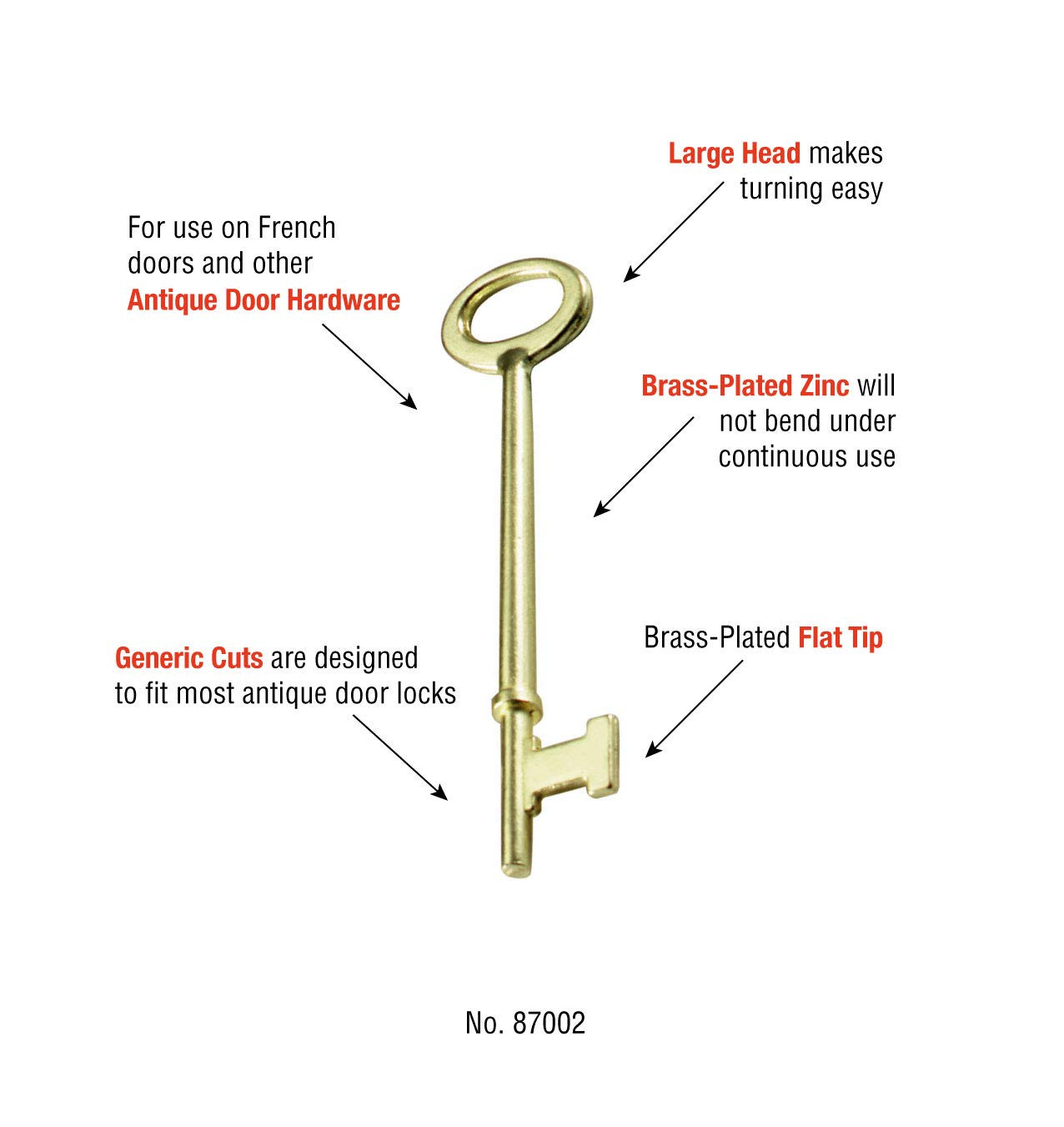 2 Pack Skeleton Keys Flat Tip Antique Door Hardware Brass Plated Zinc
