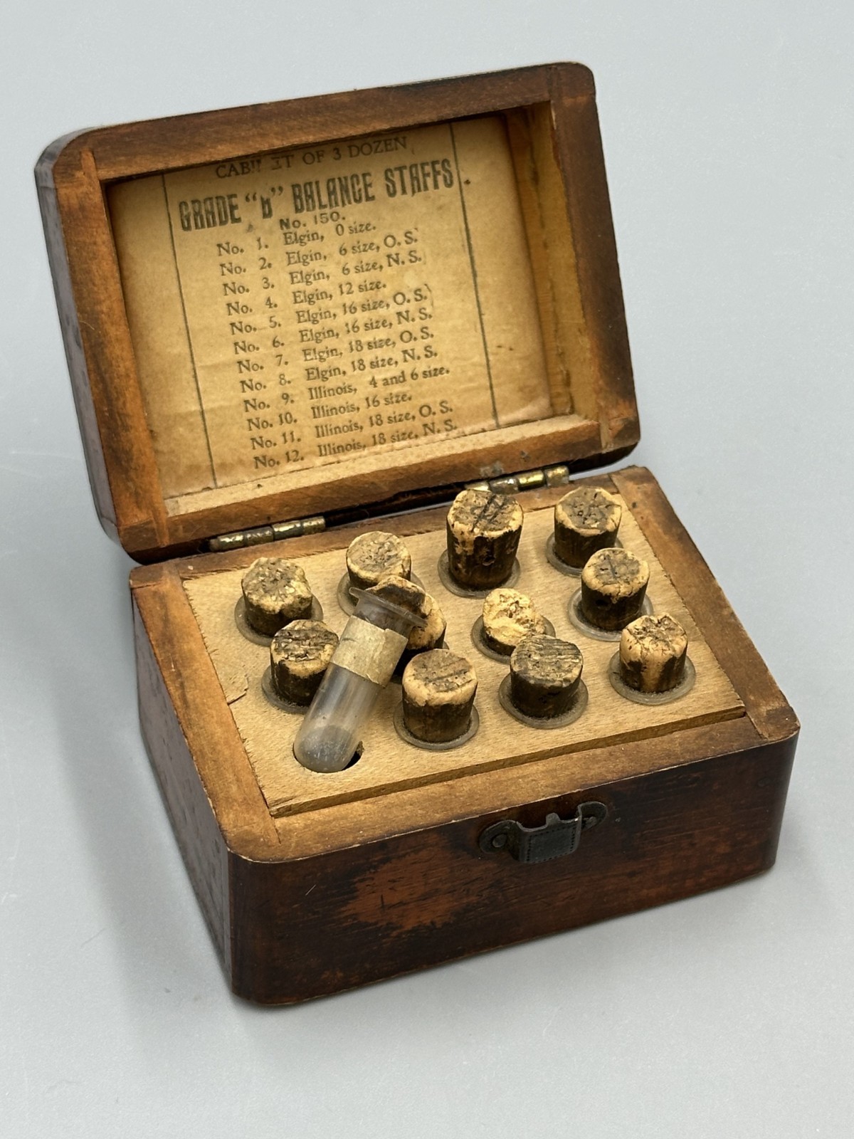 Antique WATCH REPAIR PARTS Original WOOD BOX Watchmaker ELGIN Balance Staffs