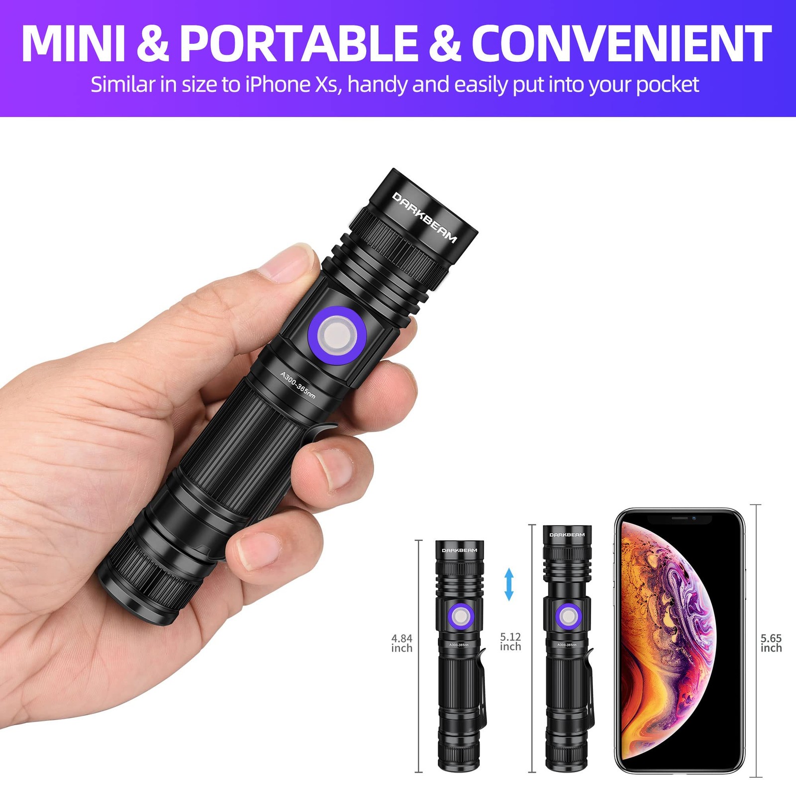DARKBEAM Pocket size/A300, UV 365nm(Bluish)-1 Pack + 395nm(Violet)-1