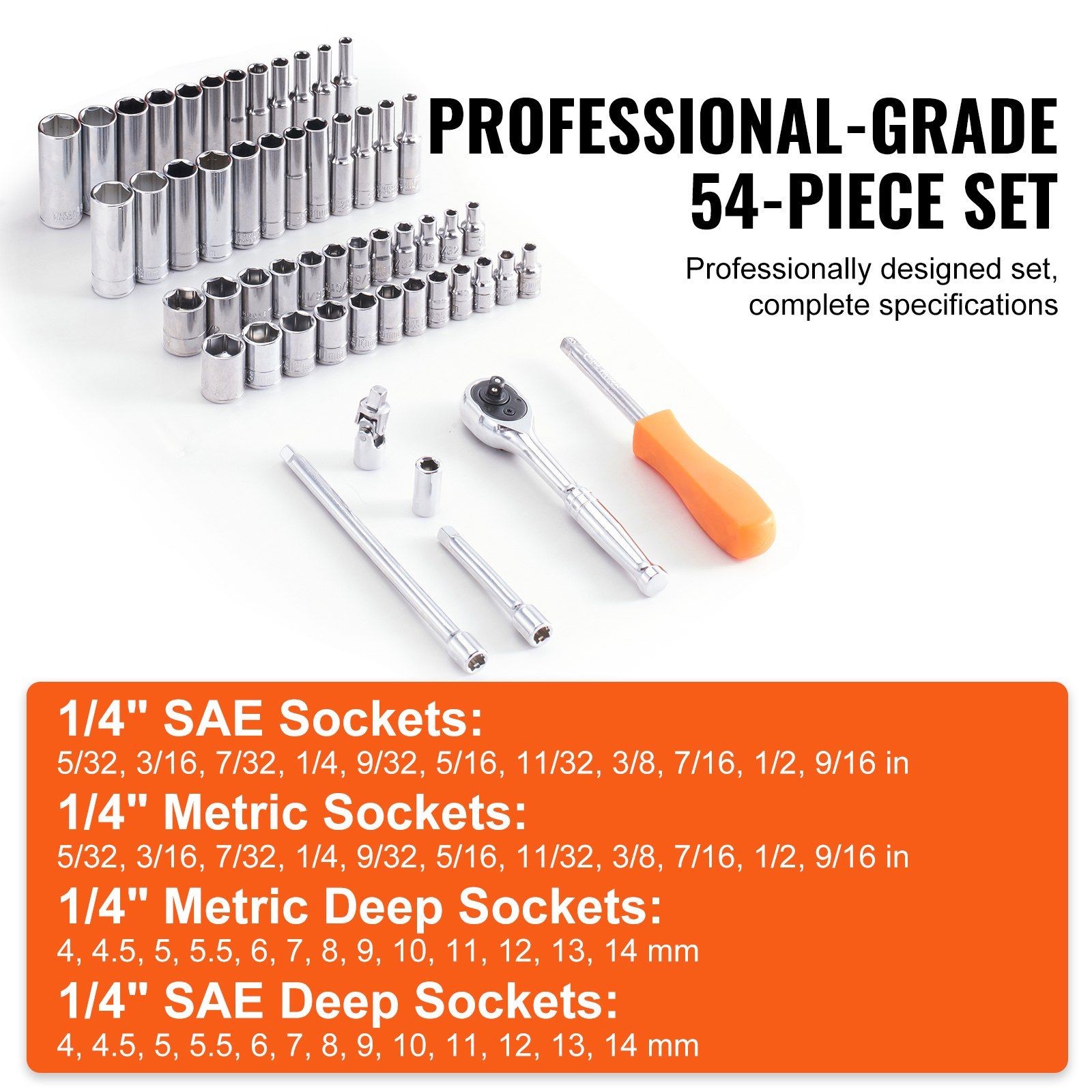54-Pc 1/4in Drive Socket Kit, Standard & Deep, SAE & Metric Included