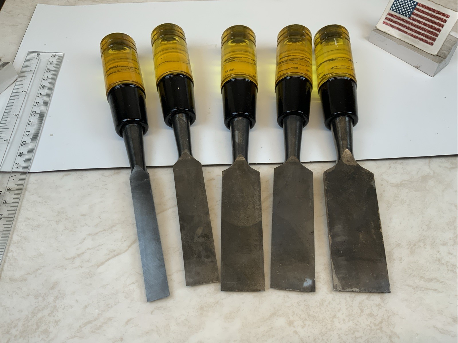 Buck Bros. 5pc wood Chisel Lot, 1/2in., 3/4in., 1in.(2), 1-1/4in., USA