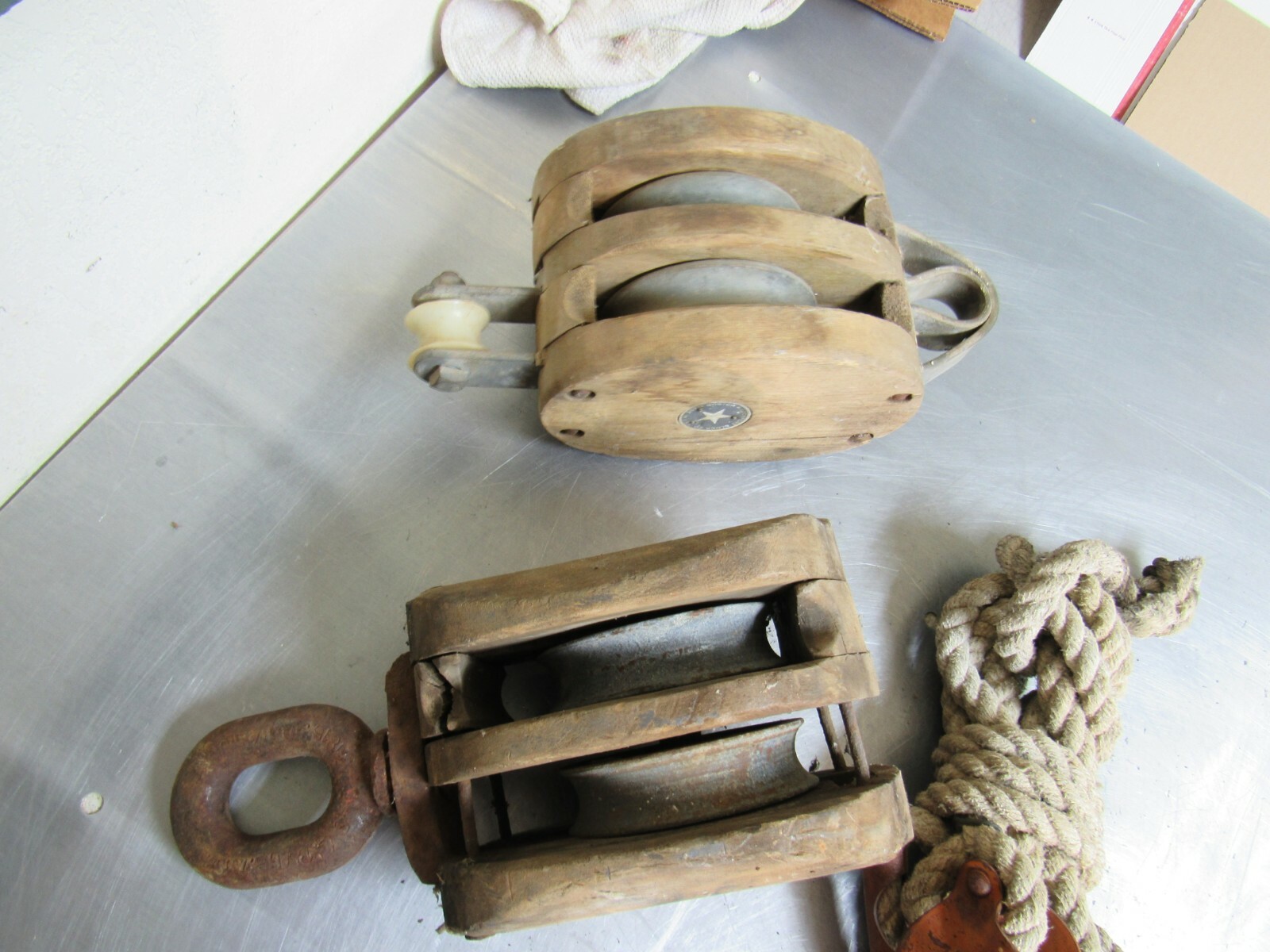 Large Vintage WOOD BLOCK AND TACKLE Steel Hoist Boston Lockport Durbin