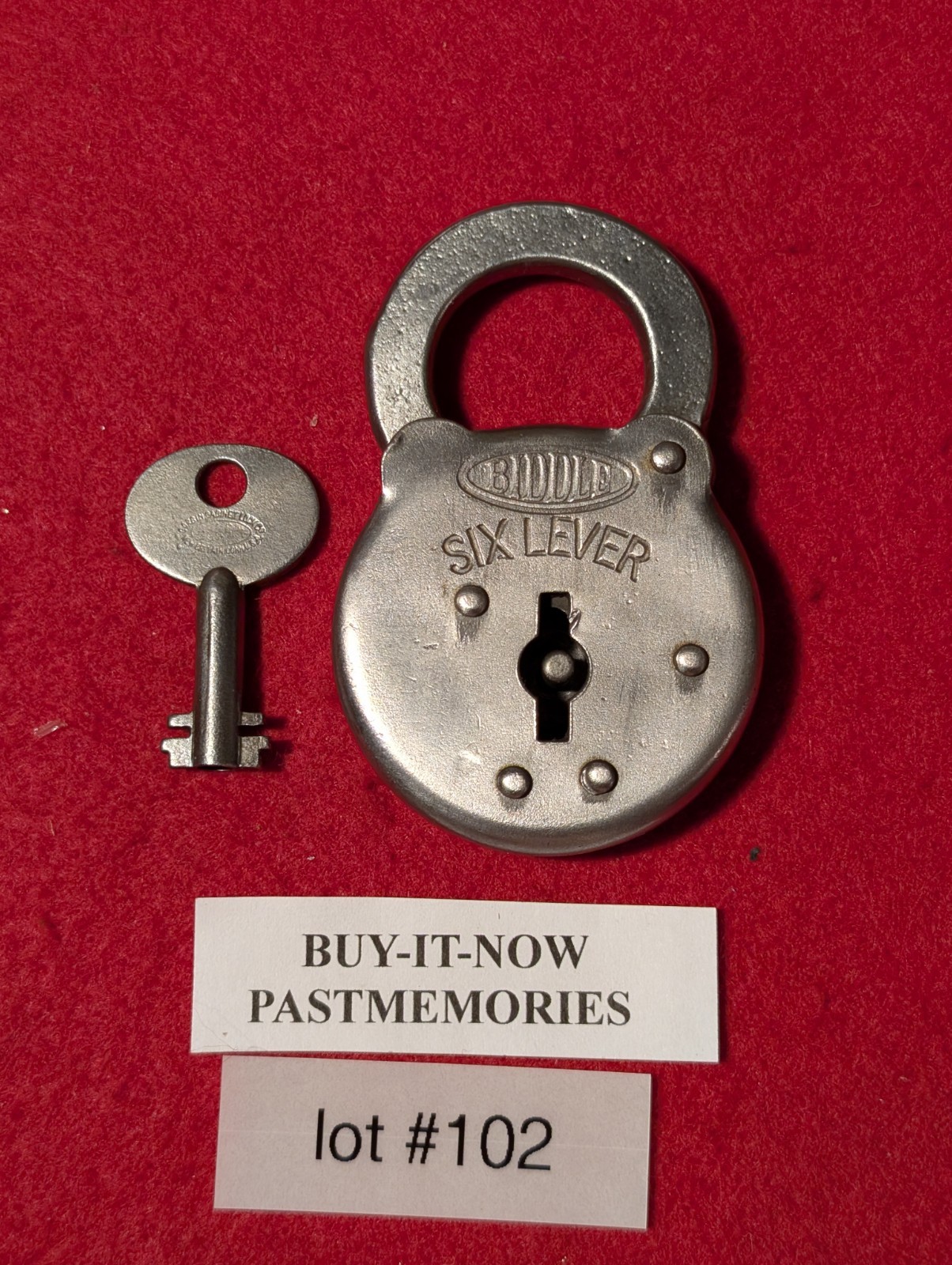 “BIDDLE HARDWARE SIX LEVER” STEEL PADLOCK w/ KEY VINTAGE ANTIQUE LOCK LOT #102
