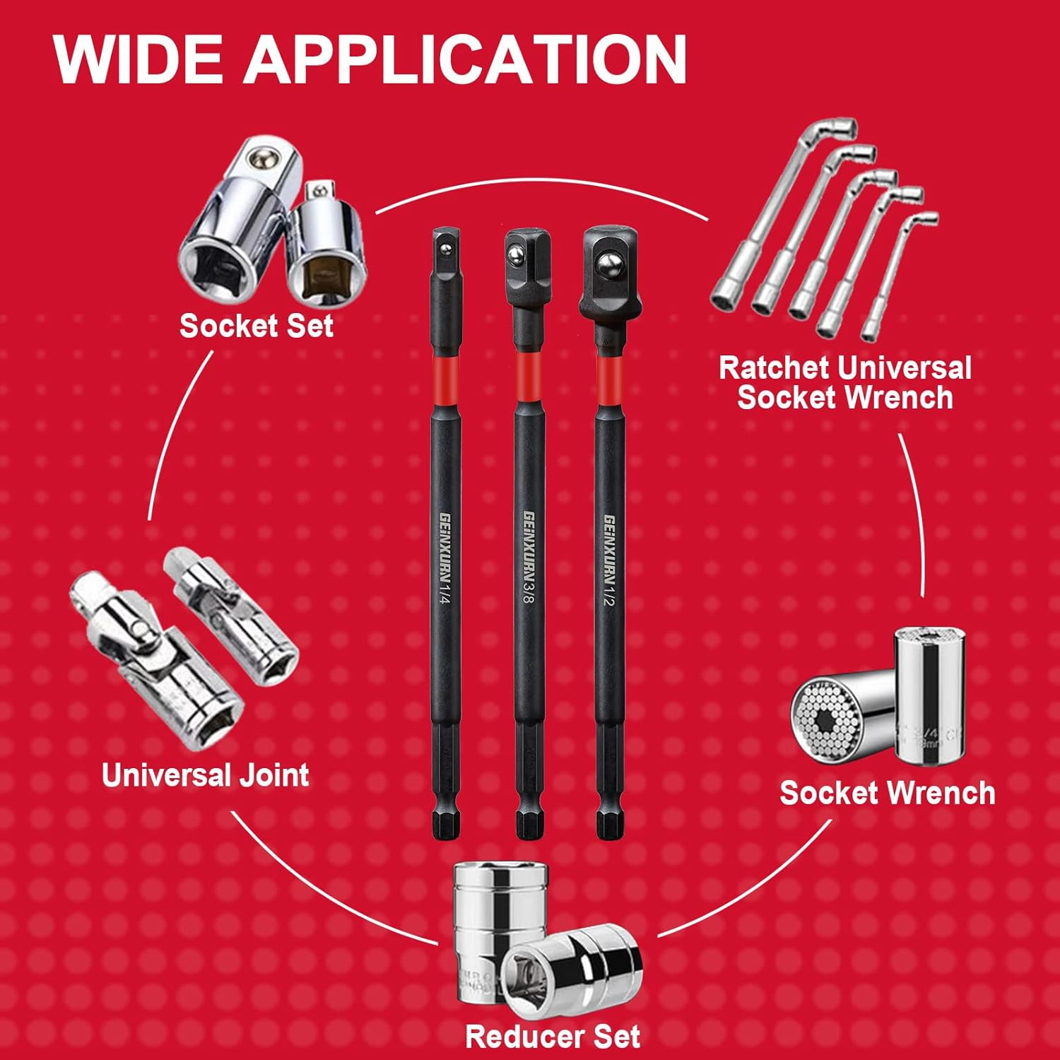 Geinxurn 8Pcs Impact Socket Adapter Set, 3/8″ Drive Square, 2.5Inches Extension