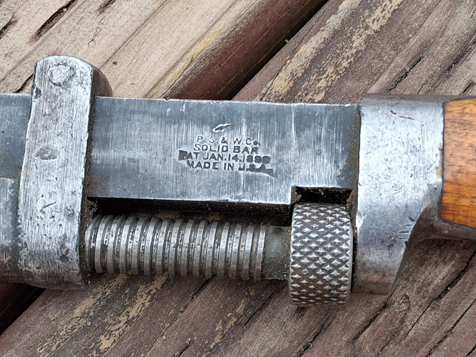 Antique P. S. & W. Co. 8.2” Solid Bar Pipe Wrench Pat. Jan. 14, 1896 Made In USA