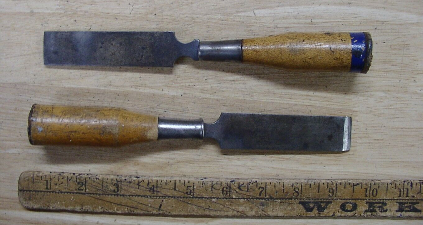 6 Vntg Wood Handle Tang Chisels,Incl {5} Bevel Edge,Eversharp,Monarch,Corsair,VG
