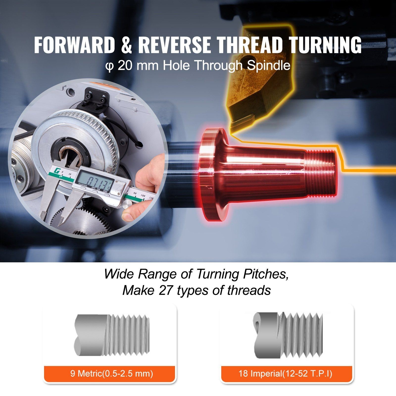 7″x14″ Metal Turning Lathe 500W 0-2200RPM MT2 Taper Tailstock