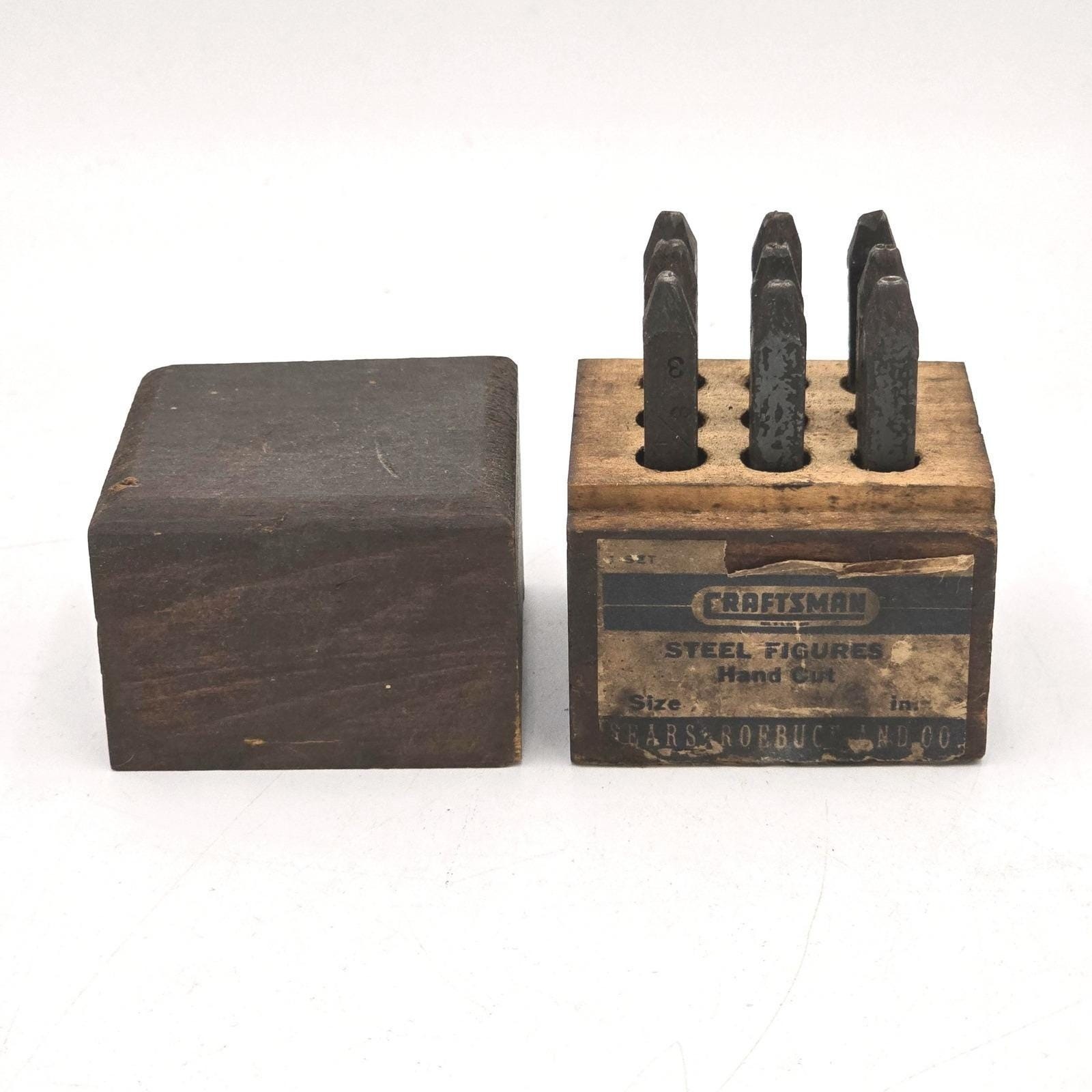Craftsman Steel 1/8 Number Stamp Set Wood Block Case Sears Roebuck 1940s–1960s