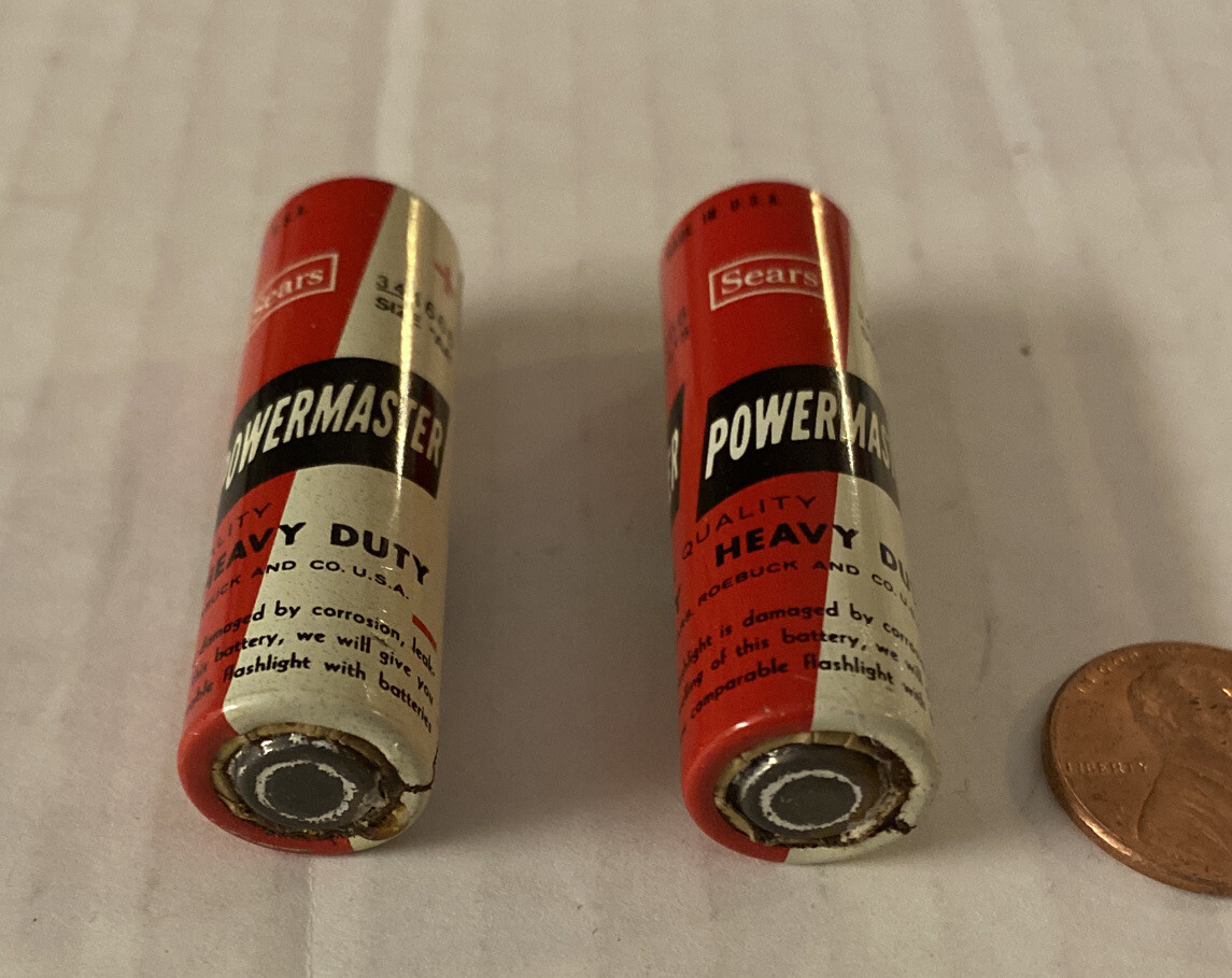 2 LOT Sears PowerMaster Heavy Duty AA BATTERY Vintage 1960s Metal Wrapped Dead